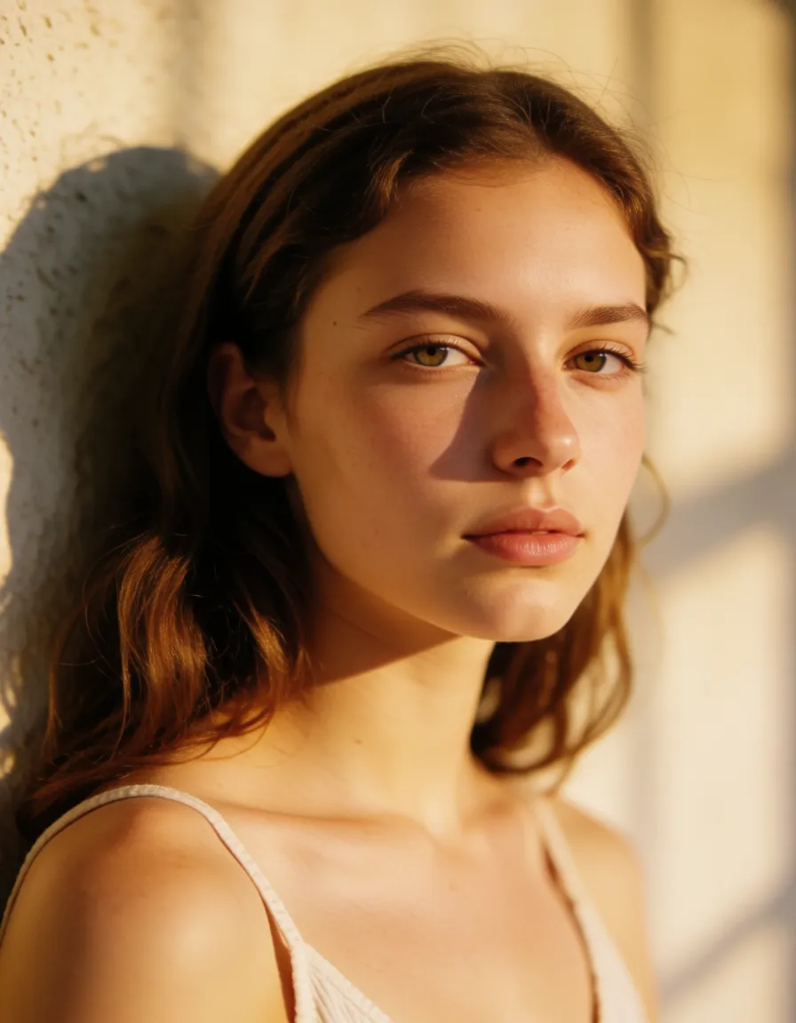 a photograph, une fille avec le pelage d'un animal., warm golden afternoon daylight, soft natural shadows, warm amber tones, gentle contrast, fine film grain, smooth clear skin, strikingly beautiful, radiant complexion, early twenties
