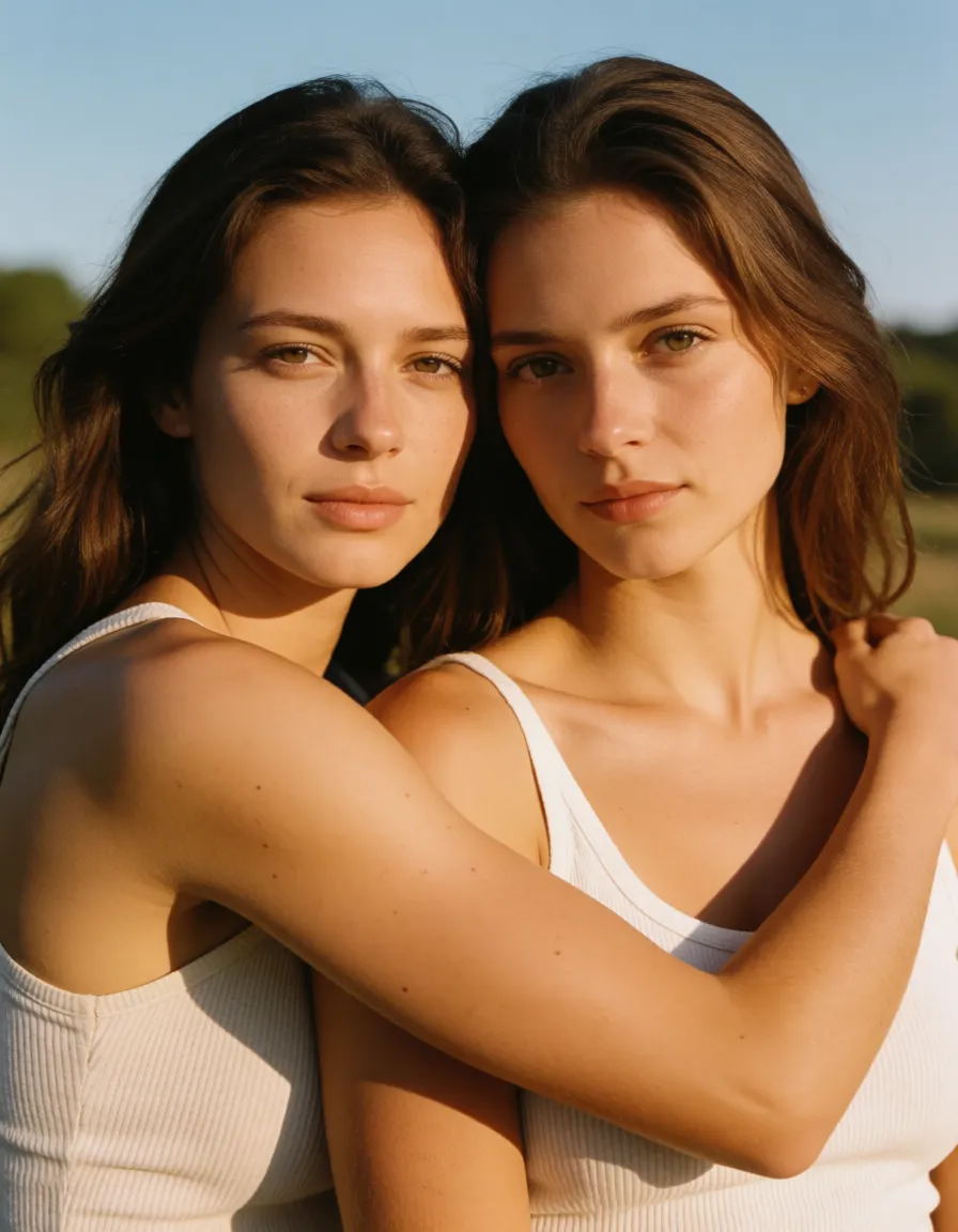 a photograph, lesbian woman with muscular biceps flexing and humping strap on fucking a huge tit curvy big hip thick thigh woman yuri, warm golden afternoon daylight, soft natural shadows, warm amber tones, gentle contrast, fine film grain, smooth clear skin, strikingly beautiful, radiant complexion, early twenties