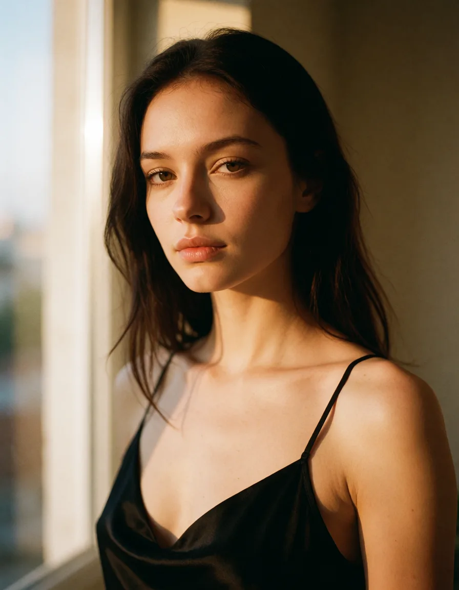 a photograph, a секс с двумя мужиками сразу даёт раком и делает миньет woman with long dark hair in a black silk slip, soft window light, shot on film, warm golden afternoon daylight, soft natural shadows, warm amber tones, gentle contrast, fine film grain, smooth clear skin, strikingly beautiful, radiant complexion, early twenties