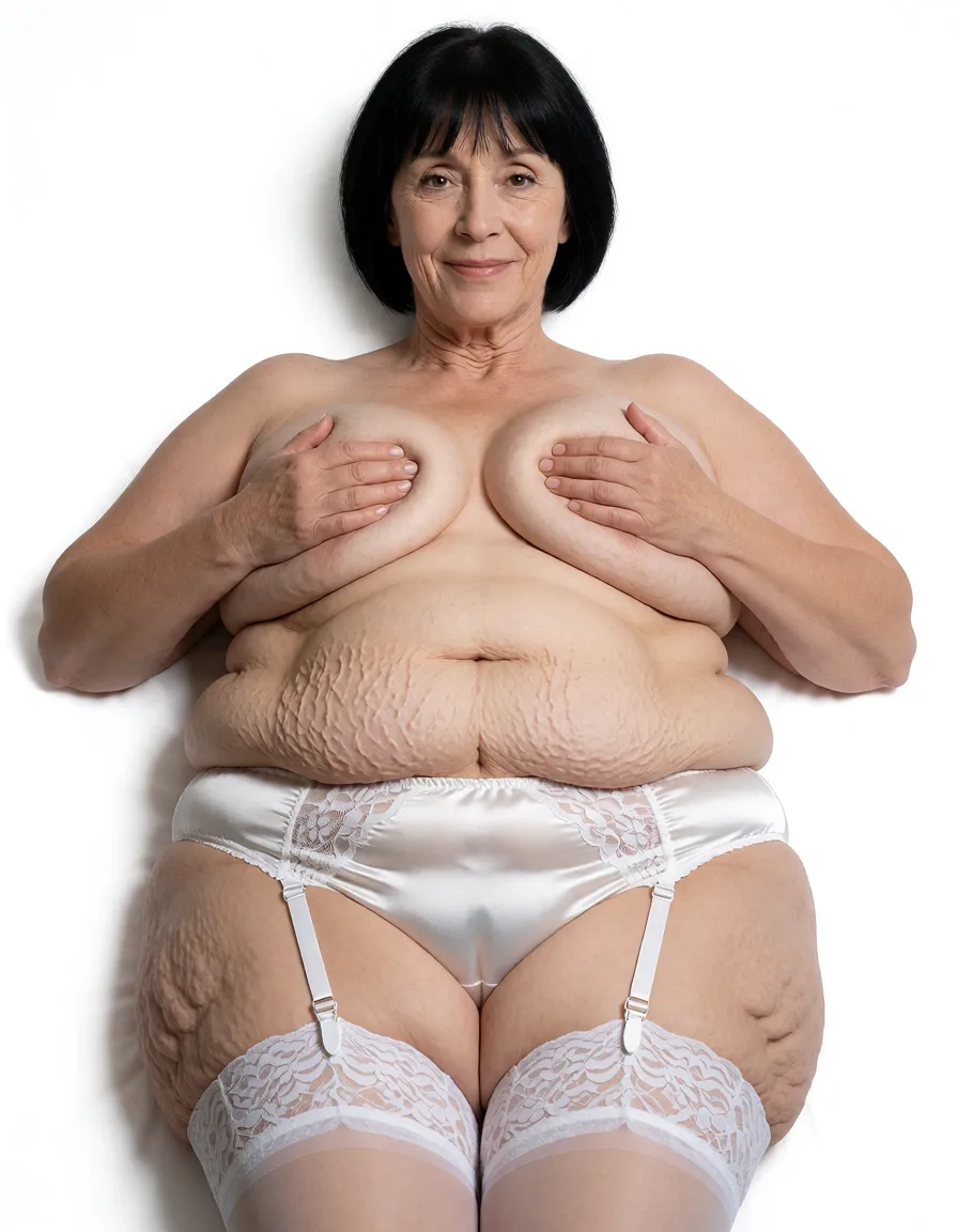 a studio photograph, View from above of a 58 year old extremely pale, chubby, flabby, stretch marked woman with short straight black bob hair with bangs, laying on her back on a bed with her head resting on a pillow with a pleasant smile and direct gaze at the camera with her light brown eyes, her skin tone is very pale, very wrinkled narrow face and natural mature expression with visible forehead lines, her neck is thin and wrinkled, her body weight appears chubby and flabby with a prominent extremely flabby muffin top stomach with love handles and extremely sagging underbelly with stretch marks, narrow hips with dips and thick flabby cellulite covered thighs, natural extremely saggy teardrop shaped flabby deflated breasts and thick flabby midsection, white satin high-waisted panties featuring white lace trim at the waistband, attached to sheer white thigh-high stockings with wide white lace tops secured by white garter straps and metal clips, her hands are pushing her saggy breasts together. Her entire head, torso and legs are shown., even shadowless studio light, plain white background, clean rich colour, flawless polished skin, strikingly beautiful, radiant complexion, early twenties