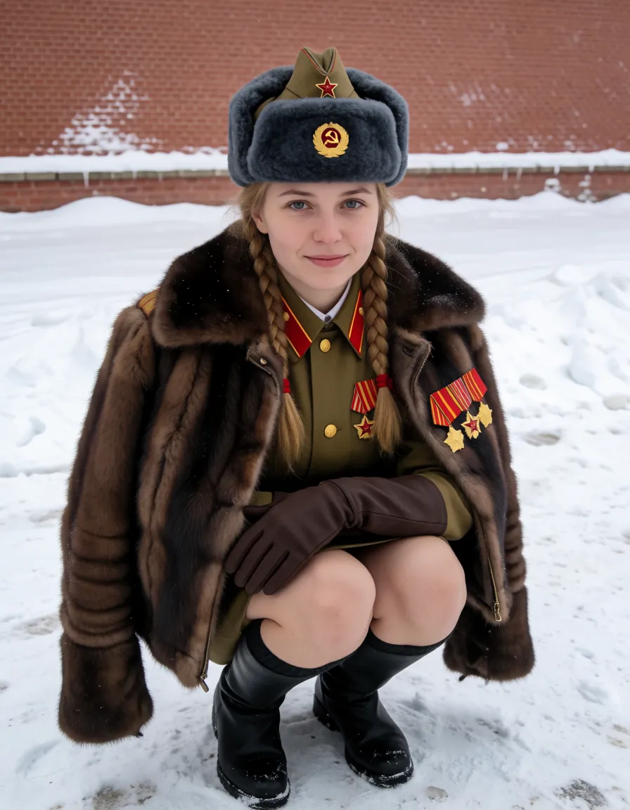 an amateur snapshot, Naked short freezing Slavic woman with big saggy breasts crouching and hugging own legs, tilted head, breath visible in cold, sideways, freezing cold, shivering skin, red nose, hugging herself, trying to warm herself up, sad, very skinny, during winter, snow, wearing Soviet pelt jacket over both shoulders, boobs out, no pants no underwear, Soviet pelt hat, long Soviet gloves, long Soviet knee socks, World War 2 Moscow wall, showing ass, heavy nipple rings, soviet medals hanging from nipple rings, leather collar with hammer and sickle, leather slave cuffs on arms and legs, showing ass, hammer and sickle pubic tattoo, low-rank Red Army insignia on upper arm, Soviet medal on leather collar, strict blonde Slavic braids, low-rank Red Army pilotka cap, red star tattoo, Red Army tattoo, CCCP tattoo, Russian wartime poem written on bosom. Whole body covered in soviet medal tattoos and Soviet art style, Stalin and Lenin tattoo, lots of Soviet tattoos., plenty of natural daylight, flat even light, casual unposed snapshot, natural everyday colour, mild noise, natural unretouched skin, strikingly beautiful, radiant complexion, early twenties