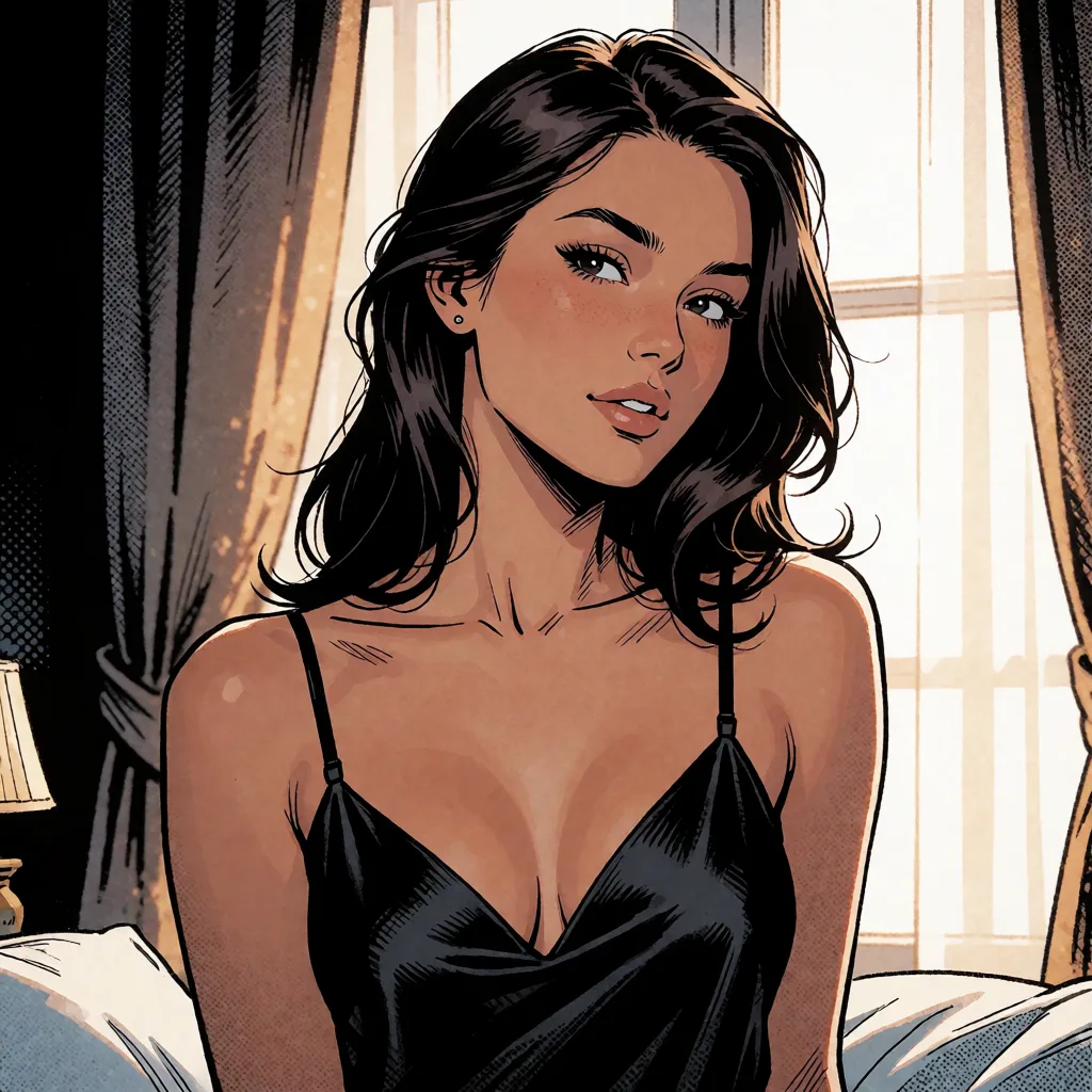 comic book art, a woman with long dark hair in a black silk slip, soft window light, shot on film, bold black ink outlines, halftone dot shading, cross hatched shadows, flat four colour print palette, hard high contrast comic inking, printed comic page, strikingly beautiful, radiant complexion, early twenties