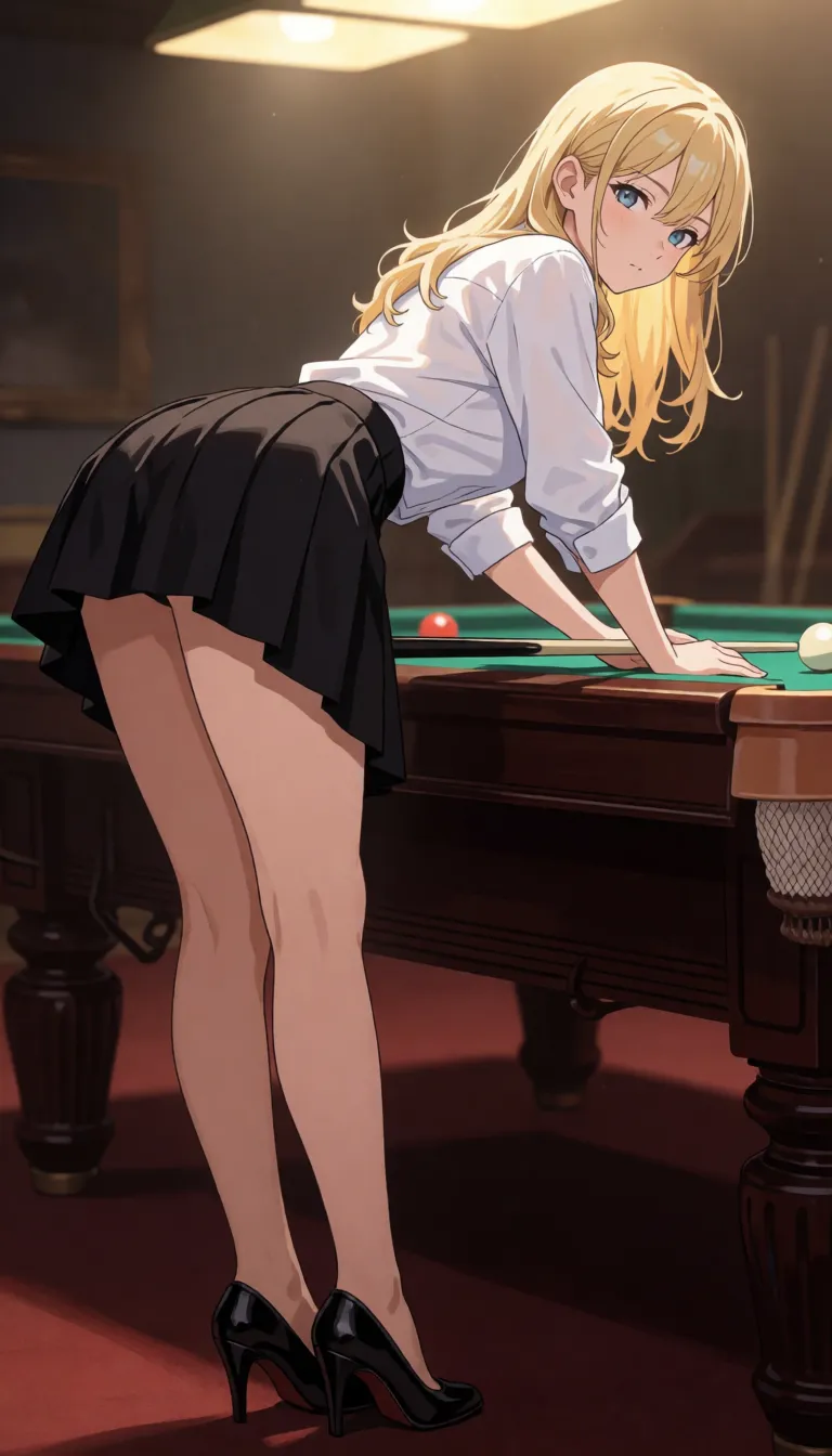 hentai anime art, ((REIQ art style)), photo realistic, high resolution, highres, high quality, ultra realistic, 8k, hdr, ultra detailed, perfect lighting, (blonde hair, medium hair), seductive pose, head tilt back, head thrown back, sexy face, horny, blushing, embarrassed, perfect small breast, bright light, she is wearing white shirt, loose midiskirt, black bra, black underpants, black heels, black stockings with lace elastic bands pulled high up under the buttocks, her unbuttoned white shirt slipped off the shoulders, her bra strap slipped down, black bra slips down beneath her breasts, revealing beautiful breasts with small and delicate nipples, lifted black loose midiskirt, she is leaning over the billiard table, plays billiards, pussy wet, dimly lit, soft warm glow, maximum detail, full body, 2/3_back_view, low angle, foggy style, <lora:sd_xl_dpo_lora_v1:.8>, <lora:detailed_notrigger:1.4>, <lora:add-detail-xl:1.1>, <lora:hinaTuningFaceDetailer_SDXL-v2-rank256-pruned:.8>, clean lineart, smooth cel shading, glossy highlights, saturated warm colour, drawn illustration, strikingly beautiful, radiant complexion, early twenties
