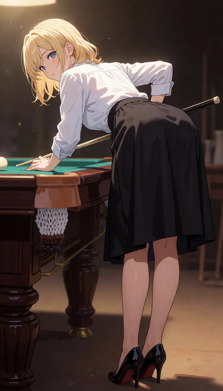 hentai anime art, photo realistic, high resolution, highres, high quality, ultra realistic, 8k, hdr, ultra detailed, perfect lighting, (blonde hair, medium hair), perfect small breast, bright light, she is wearing white shirt, loose midiskirt, black bra, black underpants, black heels, black stockings with lace elastic bands pulled high up under the buttocks, lifted black loose midiskirt, she is leaning over the billiard table, plays billiards, dimly lit, soft warm glow, maximum detail, full body, 2/3_back_view, low angle, foggy style, <lora:sd_xl_dpo_lora_v1:.8>, <lora:detailed_notrigger:1.4>, <lora:add-detail-xl:1.1>, <lora:hinaTuningFaceDetailer_SDXL-v2-rank256-pruned:.8>, clean lineart, smooth cel shading, glossy highlights, saturated warm colour, drawn illustration, strikingly beautiful, radiant complexion, early twenties