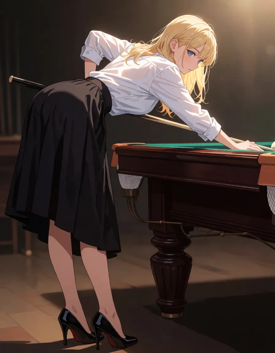 hentai anime art, photo realistic, high resolution, highres, high quality, ultra realistic, 8k, hdr, ultra detailed, perfect lighting, (blonde hair, medium hair), perfect small breast, bright light, she is wearing white shirt, loose midiskirt, black bra, black underpants, black heels, black stockings with lace elastic bands pulled high up under the buttocks, lifted black loose midiskirt, she is leaning over the billiard table, plays billiards, dimly lit, soft warm glow, maximum detail, full body, 2/3_back_view, low angle, foggy style, <lora:sd_xl_dpo_lora_v1:.8>, <lora:detailed_notrigger:1.4>, <lora:add-detail-xl:1.1>, <lora:hinaTuningFaceDetailer_SDXL-v2-rank256-pruned:.8>, clean lineart, smooth cel shading, glossy highlights, saturated warm colour, drawn illustration, strikingly beautiful, radiant complexion, early twenties
