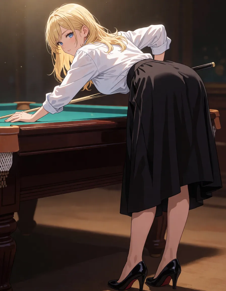 hentai anime art, photo realistic, high resolution, highres, high quality, ultra realistic, 8k, hdr, ultra detailed, perfect lighting, (blonde hair, medium hair), perfect small breast, bright light, she is wearing white shirt, loose midiskirt, black bra, black underpants, black heels, (black stockings with lace elastic bands pulled high up under the buttocks), Her black loose midiskirt accidentally hiked up , she is leaning over the billiard table, plays billiards, dimly lit, soft warm glow, maximum detail, full body, 2/3_back_view, low angle, foggy style, <lora:sd_xl_dpo_lora_v1:.8>, <lora:detailed_notrigger:1.4>, <lora:add-detail-xl:1.1>, <lora:hinaTuningFaceDetailer_SDXL-v2-rank256-pruned:.8>, clean lineart, smooth cel shading, glossy highlights, saturated warm colour, drawn illustration, strikingly beautiful, radiant complexion, early twenties