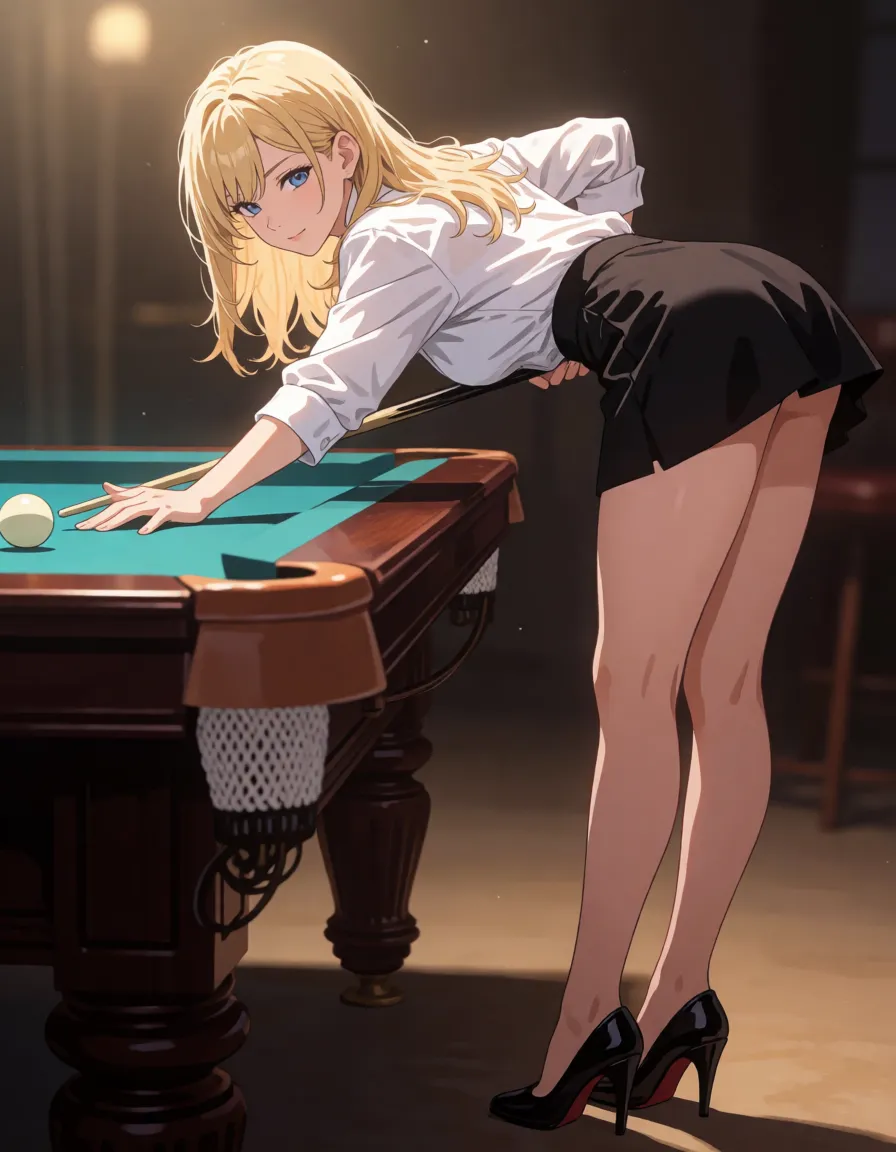 hentai anime art, photo realistic, high resolution, highres, high quality, ultra realistic, 8k, hdr, ultra detailed, perfect lighting, (blonde hair, medium hair), perfect breast, bright light, she is wearing white shirt, loose mini skirt, black underpants, black heels, black stockings with lace elastic bands pulled high up under the buttocks, she is leaning over the billiard table, plays billiards, dimly lit, soft warm glow, maximum detail, full body, 2/3_back_view, low angle, foggy style, <lora:sd_xl_dpo_lora_v1:.8>, <lora:detailed_notrigger:1.4>, <lora:add-detail-xl:1.1>, <lora:hinaTuningFaceDetailer_SDXL-v2-rank256-pruned:.8>, clean lineart, smooth cel shading, glossy highlights, saturated warm colour, drawn illustration, strikingly beautiful, radiant complexion, early twenties