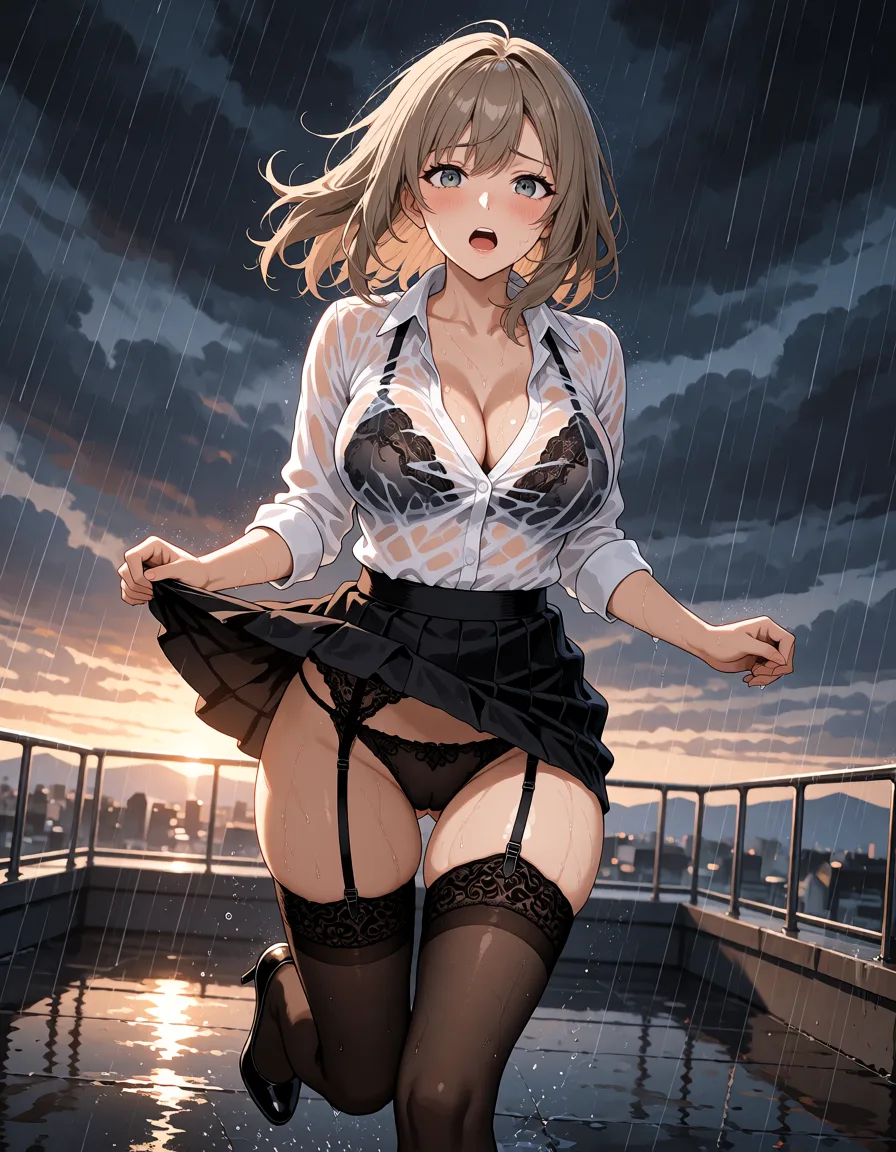 hentai anime art, masterpiece, highest quality, ultra-high resolution, high resolution, photorealism, high quality, ultra-realism, 8k, HDR, ultra-detailed, perfect lighting, outdoors, dark clouds, downpour, strong wind, late evening, rooftop observation deck, 20-year-old secretary, medium-length light brown hair, gray-blue-green eyes, perfect body, wearing a white tight shirt, losse black skirt above the knee lengths, beautiful lace bra, black panties, black high heels, black stockings with beautiful lace tops pulled high up to the buttocks, garter belt, wind blew the skirt up, bra visible through the wet blouse, sheer wet white tight shirt, running to escape the rain, trying to pull the skirt down, wet hair, wet body, soaked clothes, shocked face, embarrassed expression, detailed face, detailed eyes, intricate detail, front view, full-body shot, (SuperQuality:1), ~, (SuperQuality:1.2), <lora:sd_xl_dpo_lora_v1:1.7>, <lora:add-detail-xl:1.2>, <lora:hinaTuningFaceDetailer_SDXL-v2-rank256-pruned:1>, <lora:SDXL high detailed. LoRA_SDXL_ARW_0010:1.5>, clean lineart, smooth cel shading, glossy highlights, saturated warm colour, drawn illustration, strikingly beautiful, radiant complexion, early twenties