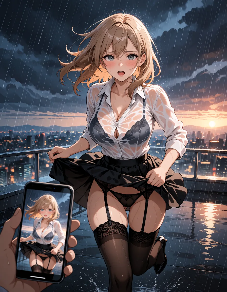hentai anime art, masterpiece, highest quality, ultra-high resolution, high resolution, photorealism, high quality, ultra-realism, 8k, HDR, ultra-detailed, perfect lighting, outdoors, the city in the evening, dark clouds, heavy rain, (strong wind), windy, late evening, big rooftop observation deck, viewer's hand holding phone in foreground, 20-year-old woman, medium-length light brown hair, gray-blue-green eyes, perfect body, wearing a white tight blouse, losse black skirt above the knee lengths, black high heels, foreground phone with her photo, wind blew the skirt up, revealing black panties garter belt and black stockings with beautiful lace tops pulled high up to the buttocks, beautiful lace bra visible through the wet blouse, sheer wet white tight blouse, running to escape the rain, trying to pull the skirt down, tries to adjust her skirt, dynamic pose, in motion, wet hair, wet body, soaked clothes, (shocked, embarrassed face), blushed, detailed face, detailed eyes, intricate detail, full-body view, hvrn, heavy, rain, (SuperQuality:1), (SuperQuality:1.2), soakingwetclothes, front_view, wide_view, POV shot, first-person perspective, full_body, <lora:Heavy_Rain_XL-000008:1.5>, <lora:SDXL high detailed. LoRA_SDXL_ARW_0010:1.6>, <lora:detailed_notrigger:1.2>, <lora:soakingwetclothesXL:1>, <lora:VnC_beta:.8>, clean lineart, smooth cel shading, glossy highlights, saturated warm colour, drawn illustration, strikingly beautiful, radiant complexion, early twenties