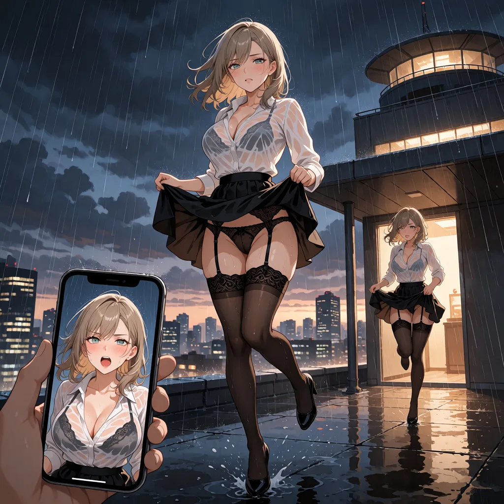 hentai anime art, masterpiece, highest quality, ultra-high resolution, high resolution, photorealism, high quality, ultra-realism, 8k, HDR, ultra-detailed, perfect lighting, , the city in the evening, dark clouds, heavy rain, (strong wind), windy, late evening, Office building roof with an observation deck and a canopy, 20-year-old woman, medium-length light brown hair, gray-blue-green eyes, perfect body, wearing a white tight blouse, losse black skirt above the knee lengths, black high heels, stands on the roof overlooking the city, viewer's hand holding phone in foreground, foreground phone with her photo, (wind blew the skirt up), revealing black panties garter belt and black stockings with beautiful lace tops pulled high up to the buttocks, (high up stockings lace under the buttocs), beautiful lace bra visible through the wet blouse, sheer wet white tight blouse, running to escape the rain, runs under the roof overhang, trying to pull the skirt down, tries to adjust her skirt, dynamic pose, in motion, wet hair, wet body, soaked clothes, (shocked, indignant, embarrassed face), blushed, detailed face, detailed eyes, intricate detail, full-body view, hvrn, heavy, rain, (SuperQuality:1), (SuperQuality:1.2), soakingwetclothes, front_view, wide_view, POV shot, first-person perspective, full_body, <lora:Heavy_Rain_XL-000008:1.5>, <lora:SDXL high detailed. LoRA_SDXL_ARW_0010:1.8>, <lora:detailed_notrigger:1.6>, <lora:soakingwetclothesXL:1.2>, <lora:VnC_beta:.9>, clean lineart, smooth cel shading, glossy highlights, saturated warm colour, drawn illustration, strikingly beautiful, radiant complexion, early twenties
