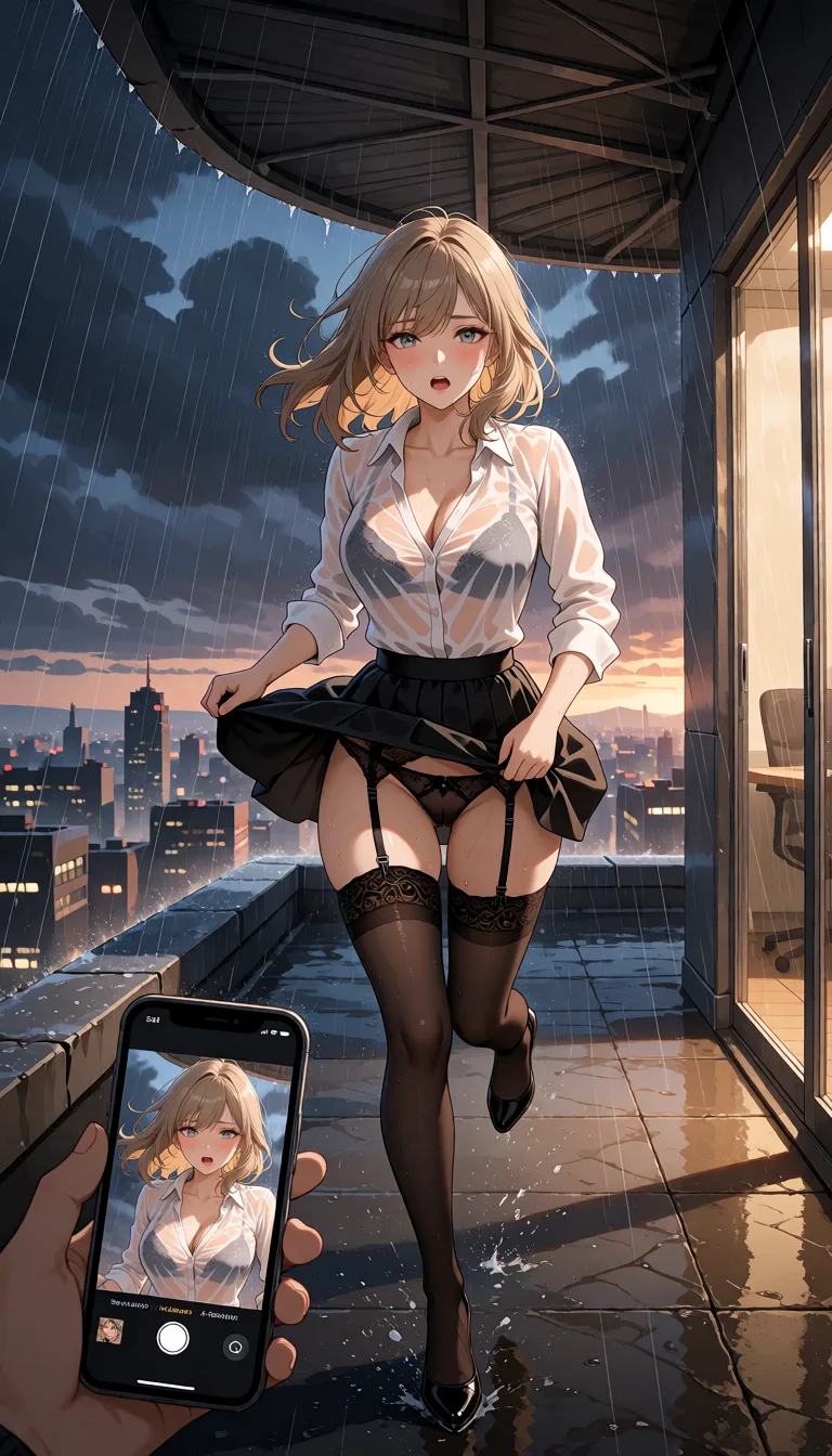 hentai anime art, masterpiece, highest quality, ultra-high resolution, high resolution, photorealism, high quality, ultra-realism, 8k, HDR, ultra-detailed, perfect lighting, roof overlooking the city, the city in the evening, dark clouds, heavy rain, (strong wind), windy, late evening, office building roof with an observation deck and a canopy, 20-year-old woman, medium-length light brown hair, gray-blue-green eyes, perfect body, wearing a white tight blouse, losse black skirt above the knee lengths, black high heels,woman running across the roof toward the canopy, viewer under the canopy, viewer's hand holding phone in foreground, foreground phone with her photo, (wind blew the skirt up), revealing black panties garter belt and black stockings with beautiful lace tops pulled high up to the buttocks, (high up stockings lace under the buttocs), beautiful lace bra visible through the wet blouse, sheer wet white tight blouse, running to escape the rain, runs under the roof overhang, trying to pull the skirt down, tries to adjust her skirt, dynamic pose, in motion, wet hair, wet body, soaked clothes, (shocked, indignant, embarrassed face), blushed, detailed face, detailed eyes, intricate detail, full-body view, hvrn, heavy, rain, (SuperQuality:1), (SuperQuality:1.2), soakingwetclothes, front_view, wide_view, POV shot, first-person perspective, full_body, <lora:Heavy_Rain_XL-000008:1.5>, <lora:SDXL high detailed. LoRA_SDXL_ARW_0010:1.8>, <lora:detailed_notrigger:1.6>, <lora:soakingwetclothesXL:1.2>, <lora:VnC_beta:.9>, clean lineart, smooth cel shading, glossy highlights, saturated warm colour, drawn illustration, strikingly beautiful, radiant complexion, early twenties