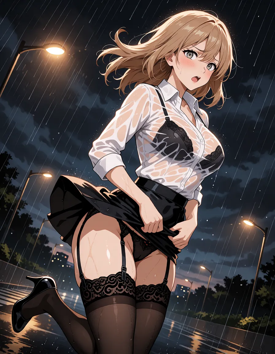 hentai anime art, masterpiece, highest quality, ultra-high resolution, high resolution, photorealism, high quality, ultra-realism, 8k, HDR, ultra-detailed, perfect lighting, dark clouds, strong wind, windy, outdoors city street at night in the pouring rain, dim street lights shining, 20-year-old woman, medium-length light brown hair, gray-green eyes, perfect body, wearing a white form-fitting office blouse, ((losse black skirt above the knee lengths)), black high heels, runing, windy upskirt, revealing black panties garters and black stockings with beautiful lace tops pulled high up to the buttocks, ((high up stockings lace under the buttocs)), beautiful lace bra visible through the wet blouse, sheer, wet, white, form-fitting office blouse, ((trying to pull the skirt down)), tries to adjust her skirt, holds her skirt at the front with her hands, dynamic pose, in motion, wet hair, wet body, soaked clothes, (shocked, indignant, embarrassed face), blushed, detailed face, detailed eyes, intricate detail, (SuperQuality:1), (SuperQuality:1.2), wide_view, side_view, 'high angle', wide_angle, full_body, comp_left, ((d_long)), soakingwetclothes, windyupskirt, <lora:SDXL high detailed. LoRA_SDXL_ARW_0010:1.8>, <lora:VnC_beta:.8>, <lora:soakingwetclothesXL:.8>, <lora:windyupskirt_SDXL:2>, clean lineart, smooth cel shading, glossy highlights, saturated warm colour, drawn illustration, strikingly beautiful, radiant complexion, early twenties