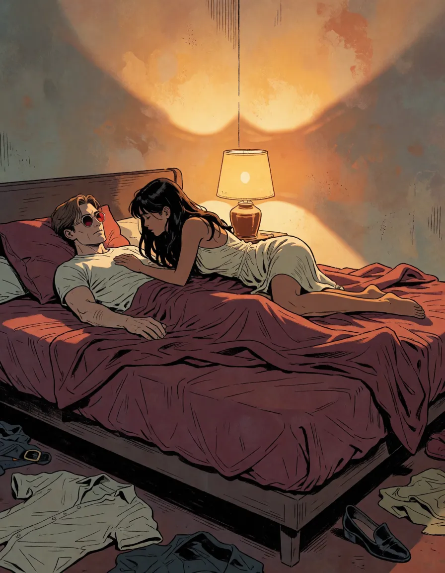 a photograph, Style: cinematic comic book panel, graphic novel style, urban thriller, detailed line art, expressive character faces, focus on intimacy, beauty, and the raw, unguarded moment, lighting: warm amber from a single bedside lamp, deep shadows in the corners, soft golden highlights on skin, color palette: warm amber, soft gold, deep shadows, muted burgundy (sheets), inspired by the atmospheric realism of Stjepan Sejic and the intimate framing of Marco Checchetto.
Visual Motif: The bedroom scene. Intimacy. Beauty. The unguarded moment. Two bodies. One bed. No shame. Just... life.
Evgeny's Appearance: Shirtless. Lean, toned, athletic. Muscles defined but not bulky — the body of a man who trains, but doesn't obsess. Chestnut hair — damp, slicked back, a few strands falling loose across his forehead. Round red-tinted sunglasses still on his face — even now. His expression is relaxed, satisfied, almost lazy. A faint sheen of sweat on his chest and shoulders. His breathing is deep, controlled.
The woman's Appearance: Mid-20s. Attractive. Completely naked. Dark hair — long, thick, spread across the pillow and falling over her shoulders and back. Olive skin — smooth, warm, glowing under the amber light. Slender — small waist, soft curves, elegant collarbones, delicate wrists, long legs. Small breasts, natural, unashamed. A thin sheen of sweat on her skin — on her chest, her stomach, her thighs. She's confident, uninhibited. She's not embarrassed. She's just... present. Her body is relaxed, open, unguarded. No covering, no hiding. Every line of her body is visible — the curve of her spine, the softness of her belly, the shape of her hips, the length of her legs.
Location Setting: Evgeny's room. A large bed with burgundy sheets — tangled, twisted, half-pulled from the mattress. A single bedside lamp casts warm amber light across the scene. Clothes are scattered on the floor — his shirt, her dress, her underwear, one shoe, a belt. The room is warm, intimate, private. The air feels thick, lived-in.
Composition: A dynamic, beautiful shot. The woman is on top, straddling Evgeny — hands pressed flat against his chest, fingers splayed, nails lightly digging into his skin. Her back is deeply arched — spine a graceful curve, shoulders thrown back, head tilted back, lips parted in a silent gasp. Her body is completely naked — breasts lifted, stomach taut, hips moving, thighs gripping his sides. Her dark hair falls around her face and over her shoulders — wild, tangled, damp with sweat. Evgeny lies beneath her — hands resting on her hips, not gripping, just resting. His head is tilted back against the pillow — jaw clenched, throat exposed. His sunglasses are still on — catching the amber light. His chest is rising and falling — fast, deep. The sheets are twisted around them — burgundy, tangled around his legs, bunched beneath her knees. The shadows on the wall — moving, shifting with them.Description: No dialogue. Just the image. The movement. The rhythm. The beauty of it. Her body — free, unashamed, powerful.Visual Detail: The woman's arched back — her spine, her shoulder blades, the curve of her waist. Her breasts — lifted, natural, unashamed. Her hips — moving, grinding, alive. Her hands — pressed against his chest, fingers splayed. Evgeny's hands on her hips — resting, not gripping. His jaw — relaxed, but tense with pleasure. His chest — rising and falling. The twisted sheets. The shadows on the wall — moving. His sunglasses — catching the light. Her dark hair — falling around her face, over her shoulders, down her back.Lighting: Warm amber. Deep shadows. The lamp — flickering slightly with the movement. Golden highlights on her skin — on her breasts, on her stomach, on her thighs., warm golden afternoon daylight, soft natural shadows, warm amber tones, gentle contrast, fine film grain, smooth clear skin, strikingly beautiful, radiant complexion, early twenties