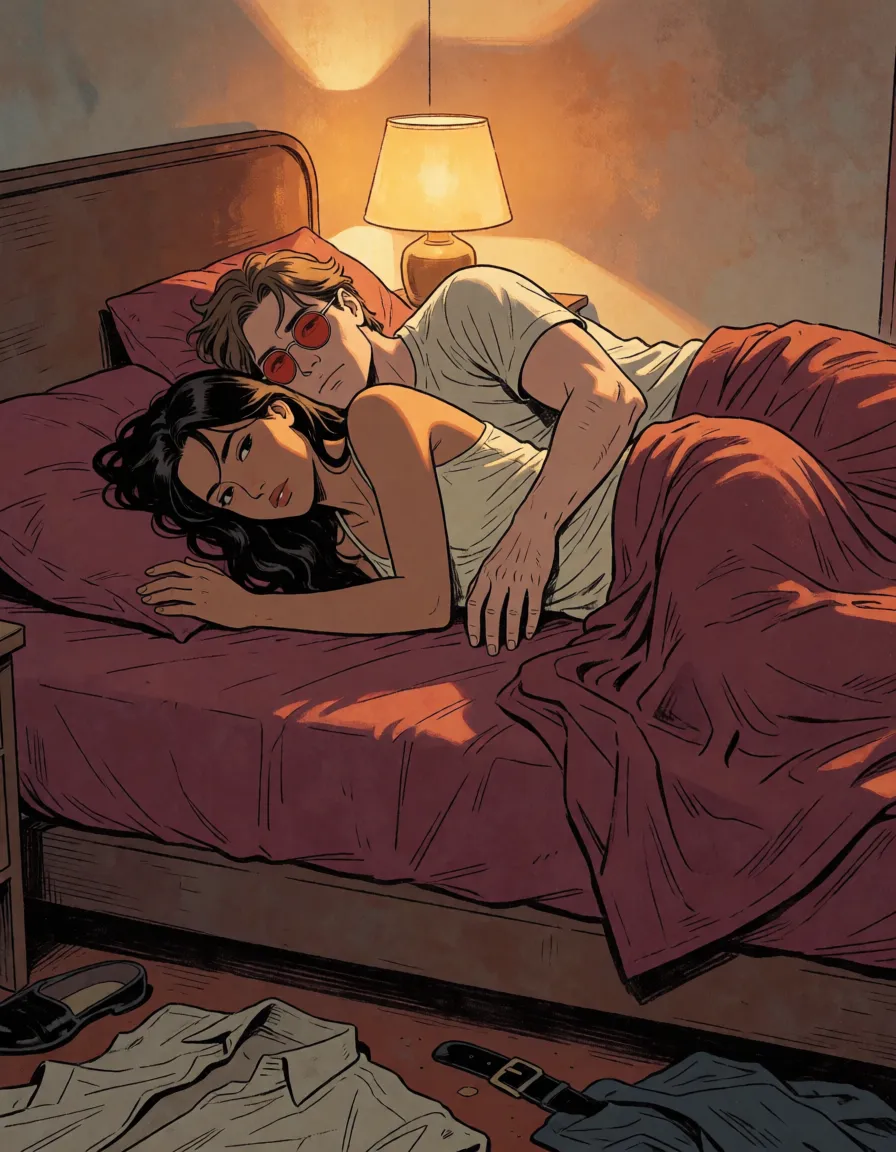 a photograph, Style: cinematic comic book panel, graphic novel style, urban thriller, detailed line art, expressive character faces, focus on intimacy, beauty, and the raw, unguarded moment, lighting: warm amber from a single bedside lamp, deep shadows in the corners, soft golden highlights on skin, color palette: warm amber, soft gold, deep shadows, muted burgundy (sheets), inspired by the atmospheric realism of Stjepan Sejic and the intimate framing of Marco Checchetto.
Visual Motif: The bedroom scene. Intimacy. Beauty. The unguarded moment. Two bodies. One bed. No shame. Just... life.
Evgeny's Appearance: Shirtless. Lean, toned, athletic. Muscles defined but not bulky — the body of a man who trains, but doesn't obsess. Chestnut hair — damp, slicked back, a few strands falling loose across his forehead. Round red-tinted sunglasses still on his face — even now. His expression is relaxed, satisfied, almost lazy. A faint sheen of sweat on his chest and shoulders. His breathing is deep, controlled.
The woman's Appearance: Mid-20s. Attractive. Completely naked. Dark hair — long, thick, spread across the pillow and falling over her shoulders and back. Olive skin — smooth, warm, glowing under the amber light. Slender — small waist, soft curves, elegant collarbones, delicate wrists, long legs. Small breasts, natural, unashamed. A thin sheen of sweat on her skin — on her chest, her stomach, her thighs. She's confident, uninhibited. She's not embarrassed. She's just... present. Her body is relaxed, open, unguarded. No covering, no hiding. Every line of her body is visible — the curve of her spine, the softness of her belly, the shape of her hips, the length of her legs.
Location Setting: Evgeny's room. A large bed with burgundy sheets — tangled, twisted, half-pulled from the mattress. A single bedside lamp casts warm amber light across the scene. Clothes are scattered on the floor — his shirt, her dress, her underwear, one shoe, a belt. The room is warm, intimate, private. The air feels thick, lived-in.
Composition: A medium shot. Both lie on their sides on the tangled burgundy sheets — the woman in front, Evgeny behind her, his chest pressed against her back, his arm wrapped around her waist, his hand splayed flat on her stomach. Her body is completely naked — one leg drawn up and bent at the knee, the other extended, her back arched slightly against him, her head turned to look back over her shoulder at him. Her dark hair spills across the pillow and over her shoulder — her lips parted, eyes half-closed. His face is buried against her neck — jaw tense, breath hot against her skin. His hips are pressed against her. Her hand reaches back — fingers tangled in his damp hair at the nape of his neck. The sheets are tangled around their legs — burgundy, damp, half-pulled from the mattress. His sunglasses are still on — catching the amber light.Description: No dialogue. Just the image. The slowness. The closeness. The quiet. The unguarded moment.Visual Detail: The woman's bare back — the curve of her spine pressed against his chest. Her leg — drawn up, bent at the knee. Her hand — reaching back, tangled in his hair. Evgeny's arm — wrapped around her waist, hand splayed on her stomach. His face — buried against her neck. His hips — pressed against her. Her dark hair — spilling across the pillow, over her shoulder. The tangled sheets — burgundy, damp. His sunglasses — catching the light. The scattered clothes on the floor.Lighting: Warm amber from the bedside lamp. Soft golden highlights on her shoulder, on her hip, on his arm. Deep shadows in the corners., warm golden afternoon daylight, soft natural shadows, warm amber tones, gentle contrast, fine film grain, smooth clear skin, strikingly beautiful, radiant complexion, early twenties