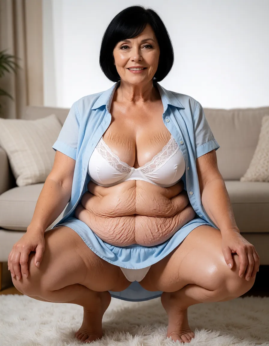 a studio photograph, A highly detailed realistic photographic portrait of a chubby flabby skinned middle-aged very pale 60 year old ugly Caucasian woman with straight short black bob haircut with swept bangs and fair wrinkled skin, smiling with visible teeth and brown eyes directed straight at the viewer, seated in a low squat positionfacing the viewer on a white shaggy rug with knees bent and hands resting on her knees, wearing an open light blue short-sleeved button-up shirt unbuttoned to reveal a white lace-trimmed bra straining over her deflated sagging natural small sized breasts with visible stretch marks and wrinkles, layered over a loose light blue short skirt and white panties, showing prominent overhanging muffin top belly with deep wrinkles and cellulite and love handles, fat thick flabby sagging thighs with visible cellulite, and bare feet, in a cozy modern living room with beige sofa, gentle highlights on skin and fabric with warm color grading and soft focus atmosphere., even shadowless studio light, plain white background, clean rich colour, flawless polished skin, strikingly beautiful, radiant complexion, early twenties