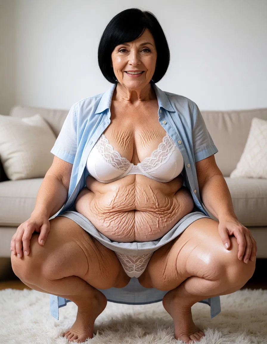 a studio photograph, A chubby flabby wrinkled skinned middle-aged very pale 66 year old ugly Caucasian woman with straight short black bob haircut with swept bangs and fair wrinkled skin, smiling with visible teeth and brown eyes directed straight at the viewer, seated in a low squat position facing the viewer on a white shaggy rug with knees bent and hands resting on her knees, wearing an open light blue short-sleeved button-up shirt unbuttoned to reveal a white lace-trimmed bra straining over her deflated sagging natural small sized breasts with visible stretch marks and wrinkles, layered over a loose light grey short skirt and white lacy panties, showing prominent overhanging muffin top belly with deep folds and cellulite and love handles, fat thick flabby sagging thighs and legs covered with visible cellulite, and bare feet, in a cozy modern living room with beige sofa, gentle highlights on skin and fabric with warm color grading and soft focus atmosphere., even shadowless studio light, plain white background, clean rich colour, flawless polished skin, strikingly beautiful, radiant complexion, early twenties