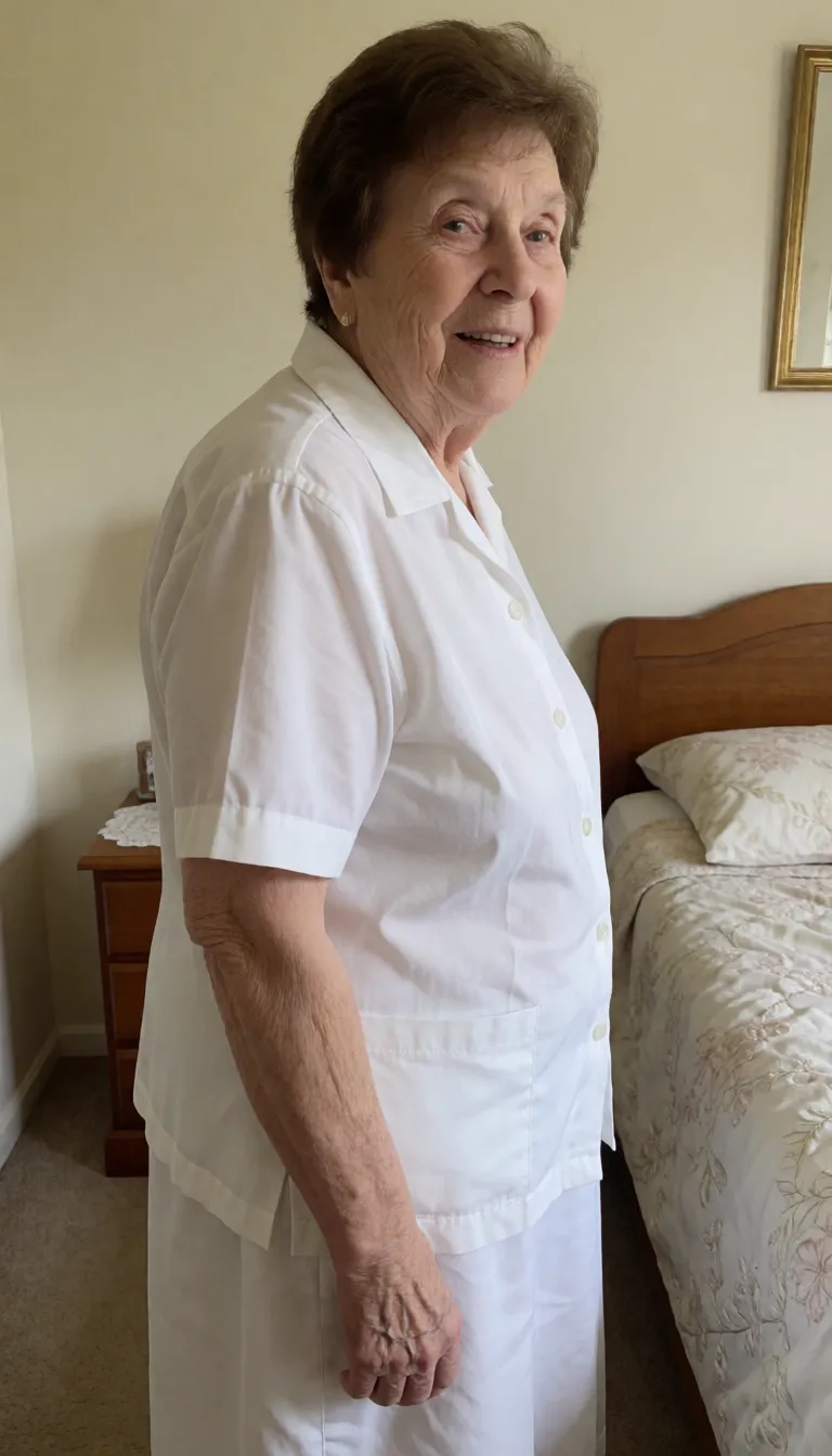 an amateur snapshot, 80 year old  plain very ugly average looking naked grandma with big natural tits, short brown hair wearing white old lady granny style panties and a white granny old lady style soft cup full cup bra standing in bedroom. Grandma's white granny old lady style nylon panties are pulled down revealing very very hairy pussy. Side profile view., plenty of natural daylight, flat even light, casual unposed snapshot, natural everyday colour, mild noise, natural unretouched skin, strikingly beautiful, radiant complexion, early twenties