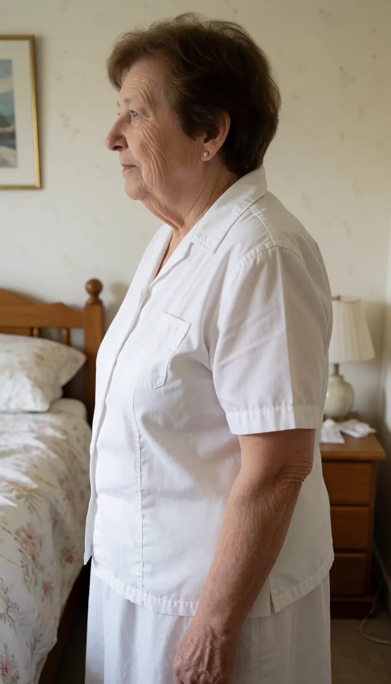 an amateur snapshot, 70 year old plain very ugly looking naked grandma with big natural tits, short brown hair wearing white old lady granny style panties and a white granny old lady style soft cup full cup bra standing in bedroom. Grandma's white granny style nylon panties are pulled down revealing gray colored very very hairy pussy. Side profile view., plenty of natural daylight, flat even light, casual unposed snapshot, natural everyday colour, mild noise, natural unretouched skin, strikingly beautiful, radiant complexion, early twenties