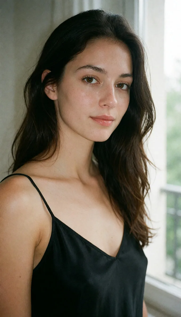 an amateur snapshot, a woman with long dark hair in a black silk slip, soft window light, shot on film, plenty of natural daylight, flat even light, casual unposed snapshot, natural everyday colour, mild noise, natural unretouched skin, strikingly beautiful, radiant complexion, early twenties