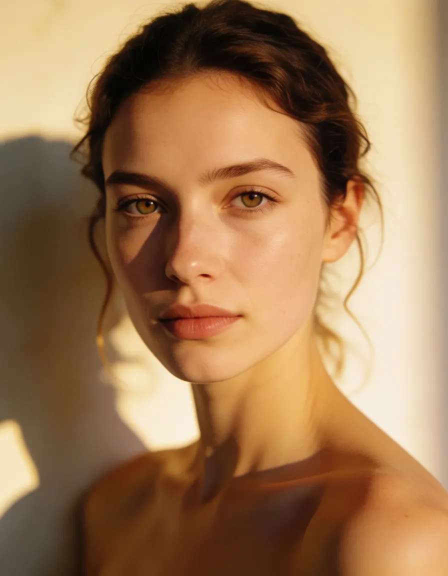 a photograph, A woman with big juicy tit wearing no clothes at all, warm golden afternoon daylight, soft natural shadows, warm amber tones, gentle contrast, fine film grain, smooth clear skin, strikingly beautiful, radiant complexion, early twenties