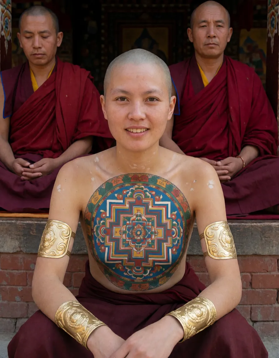 an amateur snapshot, Naked Nepalese woman in Buddhist temple, body covered in Buddhist mandala, mandala around breasts, huge saggy breasts, heavy nipple rings with Buddhist ornaments, metal gold collar, Buddhist tattoos, golden metal cuffs around arms and legs, squatting in front of meditating Buddhist monks, her head is shaved, shaved pussy with Buddhist tattoos, plenty of natural daylight, flat even light, casual unposed snapshot, natural everyday colour, mild noise, natural unretouched skin, strikingly beautiful, radiant complexion, early twenties