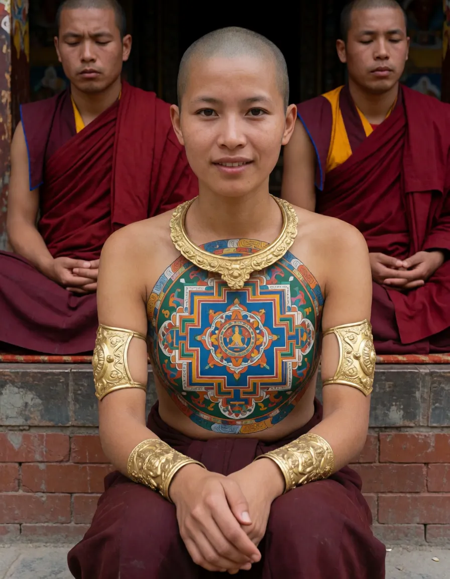 an amateur snapshot, Naked Nepalese woman in Buddhist temple, body covered completely in Buddhist mandala, mandala tattoo on both breasts, huge saggy breasts, heavy nipple rings with Buddhist ornaments, metal gold collar, Buddhist tattoos, golden metal cuffs around arms and legs, squatting in front of meditating Buddhist monks, her head is shaved, shaved pussy with Buddhist tattoos, plenty of natural daylight, flat even light, casual unposed snapshot, natural everyday colour, mild noise, natural unretouched skin, strikingly beautiful, radiant complexion, early twenties