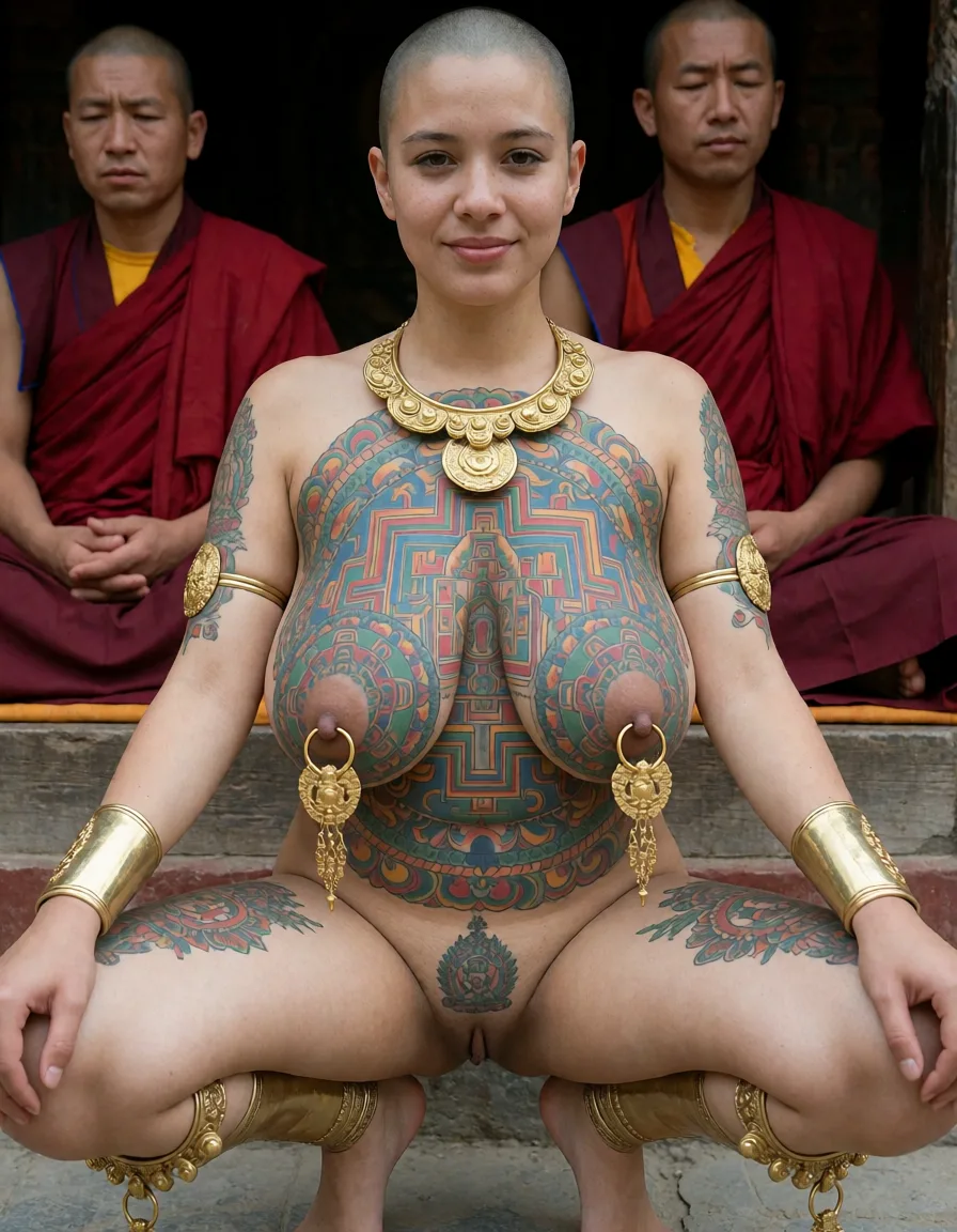an amateur snapshot, Porn, Naked Nepalese woman in Buddhist temple, body covered completely in Buddhist mandala, mandala tattoo on both breasts, huge saggy breasts, heavy nipple rings with Buddhist ornaments, metal gold collar, Buddhist tattoos, golden metal cuffs around arms and legs, squatting in front of meditating Buddhist monks, her head is shaved, shaved pussy with Buddhist tattoos, plenty of natural daylight, flat even light, casual unposed snapshot, natural everyday colour, mild noise, natural unretouched skin, strikingly beautiful, radiant complexion, early twenties