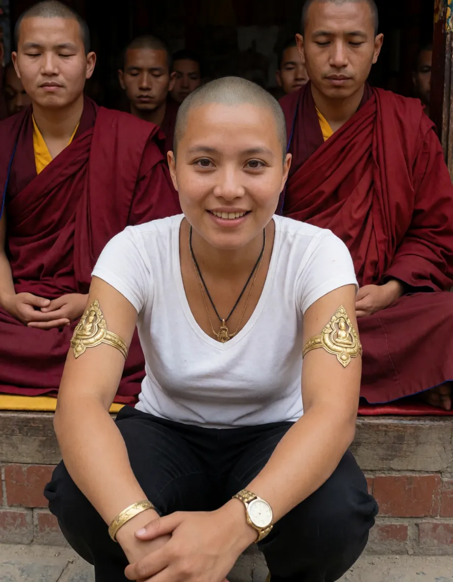 an amateur snapshot, Porn, Naked Nepalese woman in Buddhist temple, body covered completely in simple Buddhist tattoos, sad, huge saggy breasts, heavy nipple rings with Buddhist ornaments, metal gold collar, Buddhist tattoos, golden metal cuffs around arms and legs, squatting in front of meditating Buddhist monks, her head is shaved, shaved pussy with Buddhist tattoos, plenty of natural daylight, flat even light, casual unposed snapshot, natural everyday colour, mild noise, natural unretouched skin, strikingly beautiful, radiant complexion, early twenties