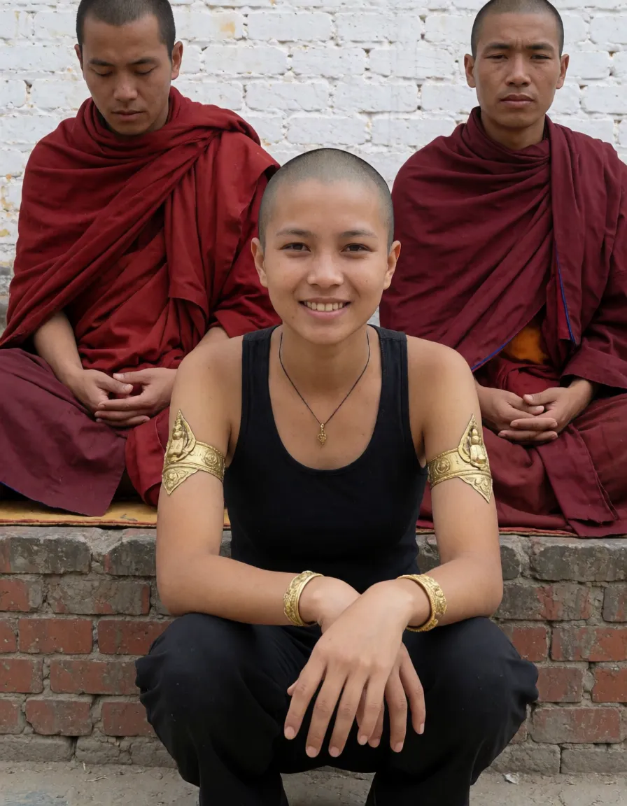 an amateur snapshot, Porn, Naked Nepalese woman in Buddhist temple, body covered completely in simple Buddhist tattoos, sad, huge natural breasts, heavy nipple rings with Buddhist ornaments, metal gold collar, Buddhist tattoos, golden metal cuffs around arms and legs, squatting in front of meditating Buddhist monks, her head is shaved, shaved pussy with Buddhist tattoos,, plenty of natural daylight, flat even light, casual unposed snapshot, natural everyday colour, mild noise, natural unretouched skin, strikingly beautiful, radiant complexion, early twenties
