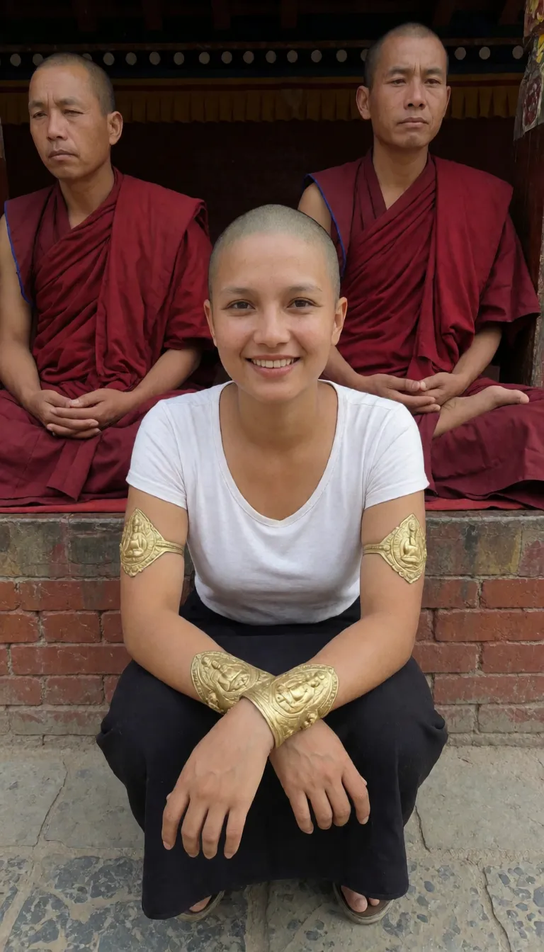 an amateur snapshot, Porn, Naked Nepalese woman in Buddhist temple, body covered completely in simple Buddhist tattoos, sad, huge natural breasts, heavy nipple rings with Buddhist ornaments, metal gold collar, Buddhist tattoos, golden metal cuffs around arms and legs, squatting in front of meditating Buddhist monks, her head is shaved, shaved pussy with Buddhist tattoos,, plenty of natural daylight, flat even light, casual unposed snapshot, natural everyday colour, mild noise, natural unretouched skin, strikingly beautiful, radiant complexion, early twenties