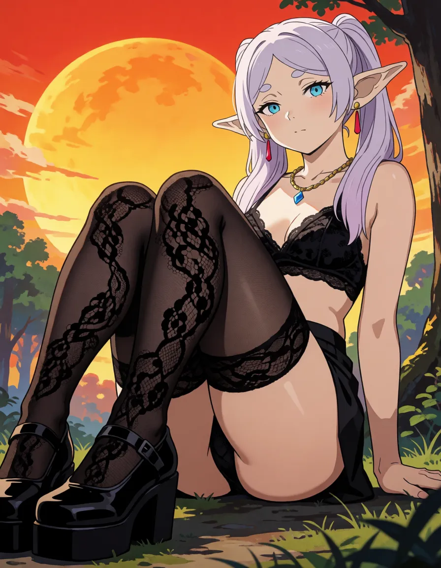 hentai anime art, Frieren (from *Frieren: Beyond Journey's End*); she has small breasts and is wearing black lace stockings, a black lace bra that leaves her breasts exposed, black lace panties, and black platform shoes. She wears a gold chain with a small blue diamond pendant around her neck and blue diamond drop earrings.The words "Fuck me" are written on her buttocks, and "Whore" is written on her stomach. A large, unfilled black vector-style sun is drawn around the areola of one breast.
A large amount of black mascara has run down from her eyes, and she is wearing blue lipstick on her full lips. Copious amounts of white semen and saliva are dribbling from her mouth. Her face is flushed red with shame. Her entire body—face, buttocks, hair, back, arms, and legs—is smeared with a massive amount of white semen that is running down her skin.
She is deriving immense pleasure from sex with an orc; she has an *ahegao* expression, and her eyes have rolled back in ecstasy.
Her legs are straight and spread wide; she is having sex with a giant blue orc who possesses an extraordinarily huge, monstrous penis.
The orc, with his extraordinarily huge, monstrous penis, has penetrated her deeply anally while holding her legs by the ankles, lifting her off the ground.
View from below.Near a forest., clean lineart, smooth cel shading, glossy highlights, saturated warm colour, drawn illustration, strikingly beautiful, radiant complexion, early twenties