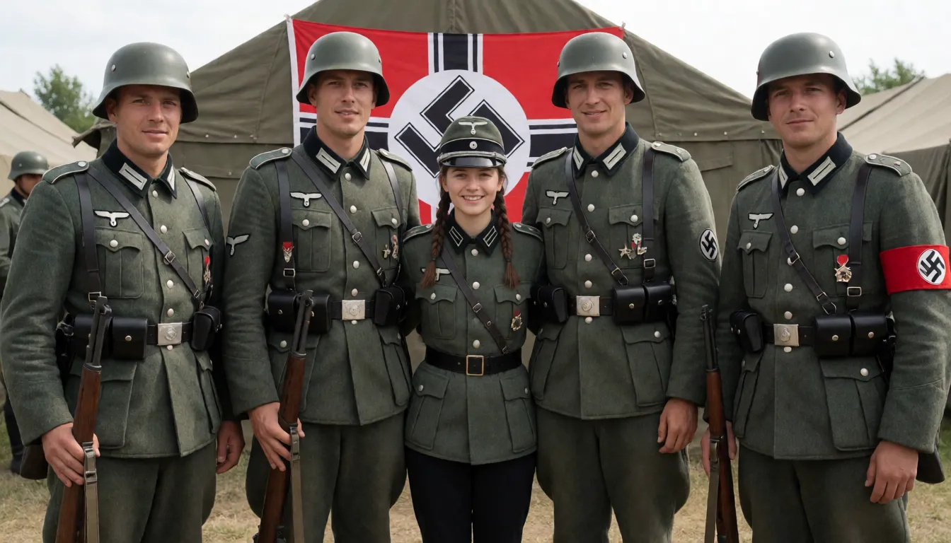 an amateur snapshot, Naked short italian woman with big saggy breasts carried upside down by posing world war 2 tall big soldiers, world war 2 inside military camp, showing ass, heavy nipple rings with iron cross medals hanging, leather collar with nazi symbol, slave cuffs on arms and legs, one leg playful up, German eagle with swastika symbol pubic tattoo, Wehrmacht low rank symbol on upper arm, Wehrmacht medal on leather collar, strict German braids, low rank Wehrmacht hat, german oak leave tattoo, German Wehrmacht tattoo, SS runes tattoo, German poem written on bossom . 

With her standing 5 tall big grim Wehrmacht soldiers in Second World War uniform posing for picture, ww2 rifles in hand, nazi flag in background. Men are way taller than her, plenty of natural daylight, flat even light, casual unposed snapshot, natural everyday colour, mild noise, natural unretouched skin, strikingly beautiful, radiant complexion, early twenties