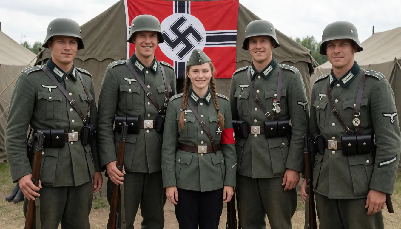 an amateur snapshot, Naked short dutch woman with big saggy breasts carried upside down by posing world war 2 tall big soldiers, world war 2 inside military camp, showing ass, heavy nipple rings with iron cross medals hanging, leather collar with nazi symbol, slave cuffs on arms and legs, one leg playful up, German eagle with swastika symbol pubic tattoo, Wehrmacht low rank symbol on upper arm, Wehrmacht medal on leather collar, strict German braids, low rank Wehrmacht hat, german oak leave tattoo, German Wehrmacht tattoo, SS runes tattoo, German poem written on bossom . 

With her standing 5 tall big grim Wehrmacht soldiers in Second World War uniform posing for picture, ww2 rifles in hand, nazi flag in background. Men are way taller than her, plenty of natural daylight, flat even light, casual unposed snapshot, natural everyday colour, mild noise, natural unretouched skin, strikingly beautiful, radiant complexion, early twenties