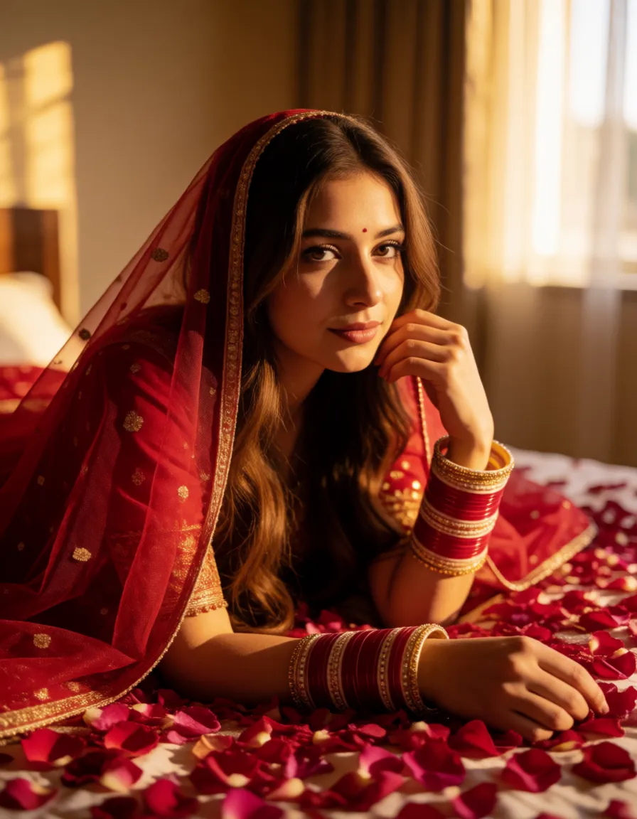 a photograph, Nude, night time, Indian bride, red bridal net dupatta, BBW, chubby, huge cleavage, huge natural boobs, long brown hair, wide hips, wrist full of red bangles, bed full of rose petals , legs apart, detail body, detail face, warm golden afternoon daylight, soft natural shadows, warm amber tones, gentle contrast, fine film grain, smooth clear skin, strikingly beautiful, radiant complexion, early twenties