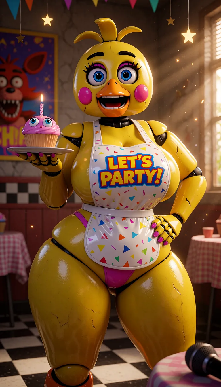 a photograph, A highly detailed, photorealistic 3D render of the FNAF animatronic character Chica the Chicken. She is a tall, curvaceous anthropomorphic yellow chicken with a bright yellow plastic body, and a slightly glossy finish. 
Her head has a round yellow face with big expressive blue eyes with long black eyelashes and bright pink eyeliner, small black arched eyebrows, an orange beak, and two large round pink blush cheeks. Her mouth is open in a wide, toothy smile showing white teeth and pink gums. She has a small yellow tuft of hair on top of her head.
She wears a white plastic apron with colorful triangular confetti pattern and the text "LET'S PARTY!" in bold red and yellow letters. Under the apron, she has a tight pink bikini-style bottom. Her body is extremely voluptuous: massive, perfectly round massive breasts straining against the apron visible big nipples, and enormous, thick, shiny yellow thighs and hips that dominate the lower frame.
She stands in a confident, wide-legged pose with her left hand on her hip and her right hand holding a small white plate with a pink cupcake that has blue eyes, pink frosting, and a single lit candle with a tiny flame. The cupcake is positioned at face level.
Setting: dimly lit party room with black-and-white checkered floor, warm cinematic lighting, floating golden sparkles and light rays, distant tables with checkered tablecloths, a large framed poster of Foxy the Fox on the left wall, hanging star decorations, and a black microphone in the bottom right foreground. The entire scene has a dramatic, glossy, cinematic style with strong highlights on her curves and a slight lens flare from the candle.
Ultra-detailed textures, sharp focus, 8k resolution, volumetric lighting, cinematic composition, exactly matching the original image composition and style., warm golden afternoon daylight, soft natural shadows, warm amber tones, gentle contrast, fine film grain, smooth clear skin, strikingly beautiful, radiant complexion, early twenties