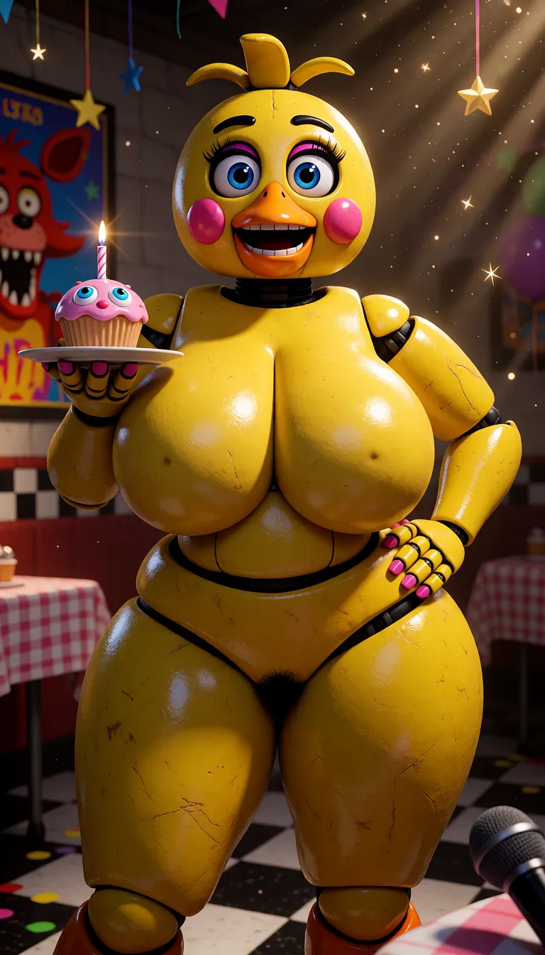an amateur snapshot, A highly detailed, photorealistic 3D render of the FNAF animatronic character Chica the Chicken. She is a tall, curvaceous anthropomorphic yellow chicken with a bright yellow plastic body, and a slightly glossy finish. 
Her head has a round yellow face with big expressive blue eyes with long black eyelashes and bright pink eyeliner, small black arched eyebrows, an orange beak, and two large round pink blush cheeks. Her mouth is open in a wide, toothy smile showing white teeth and pink gums. She has a small yellow tuft of hair on top of her head.
Her body is extremely voluptuous: massive, perfectly round massive breasts visible big nipples, and enormous, thick, shiny yellow thighs and hips that dominate the lower frame. She has pubic black hair
She stands in a confident, wide-legged pose with her left hand on her hip and her right hand holding a small white plate with a pink cupcake that has blue eyes, pink frosting, and a single lit candle with a tiny flame. The cupcake is positioned at face level.
Setting: dimly lit party room with black-and-white checkered floor, warm cinematic lighting, floating golden sparkles and light rays, distant tables with checkered tablecloths, a large framed poster of Foxy the Fox on the left wall, hanging star decorations, and a black microphone in the bottom right foreground. The entire scene has a dramatic, glossy, cinematic style with strong highlights on her curves and a slight lens flare from the candle.
Ultra-detailed textures, sharp focus, 8k resolution, volumetric lighting, cinematic composition, exactly matching the original image composition and style., plenty of natural daylight, flat even light, casual unposed snapshot, natural everyday colour, mild noise, natural unretouched skin, strikingly beautiful, radiant complexion, early twenties