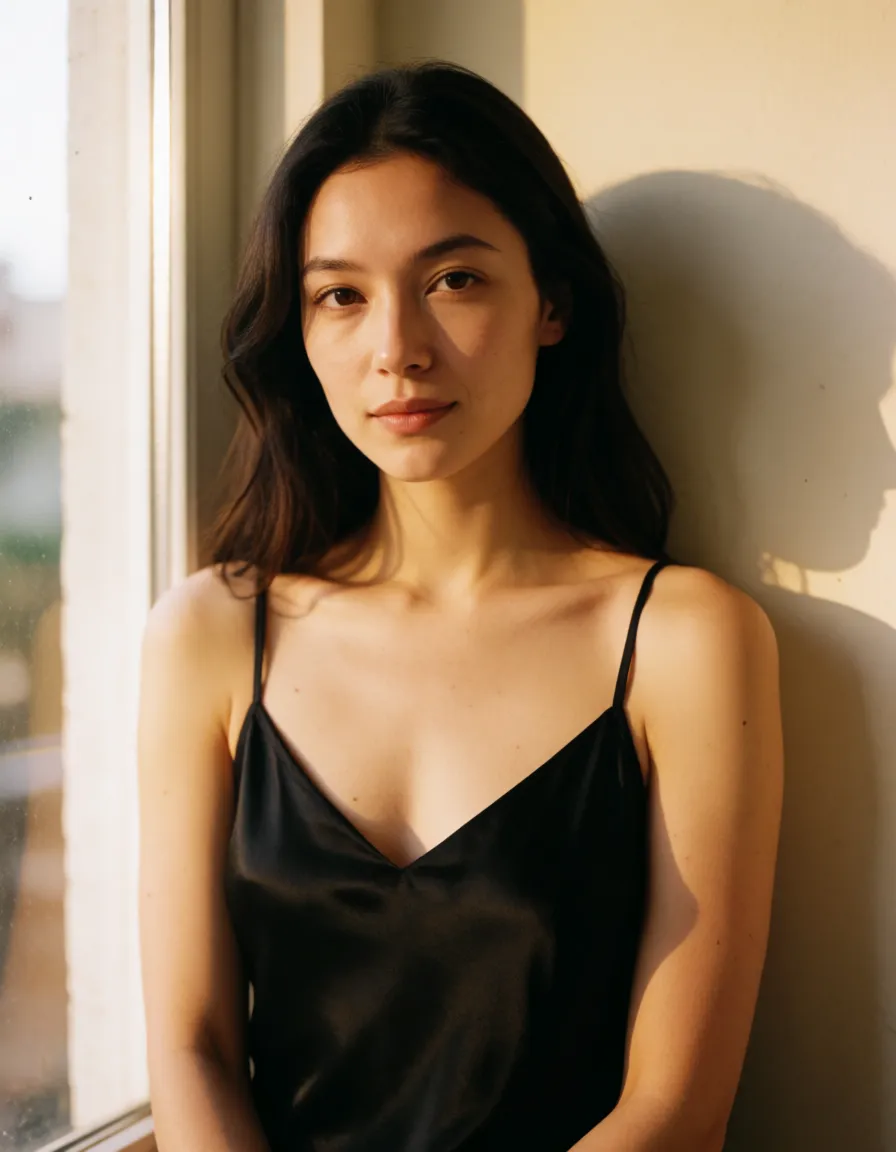 a photograph, a woman with long dark hair in a black silk slip, soft window light, shot on film, warm golden afternoon daylight, soft natural shadows, warm amber tones, gentle contrast, fine film grain, smooth clear skin, strikingly beautiful, radiant complexion, early twenties