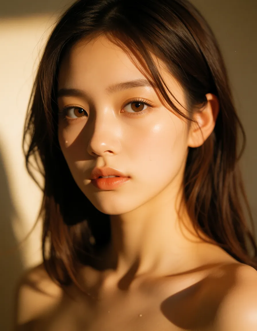 a photograph, Cute yuri, warm golden afternoon daylight, soft natural shadows, warm amber tones, gentle contrast, fine film grain, smooth clear skin, strikingly beautiful, radiant complexion, early twenties