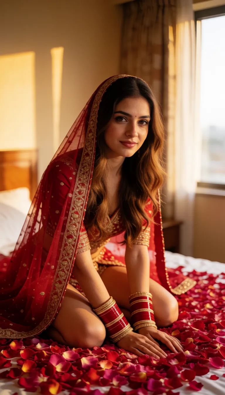 a photograph, Nude, Indian bride, erotic, sexy, red bridal net dupatta, BBW, chubby, huge cleavage, huge natural boobs, long brown hair, wide hips, luxurious red see-through bra and g-string, wrist full of red bangles, bed full of rose petals, kneeling, legs apart, detail body, detail face, warm golden afternoon daylight, soft natural shadows, warm amber tones, gentle contrast, fine film grain, smooth clear skin, strikingly beautiful, radiant complexion, early twenties
