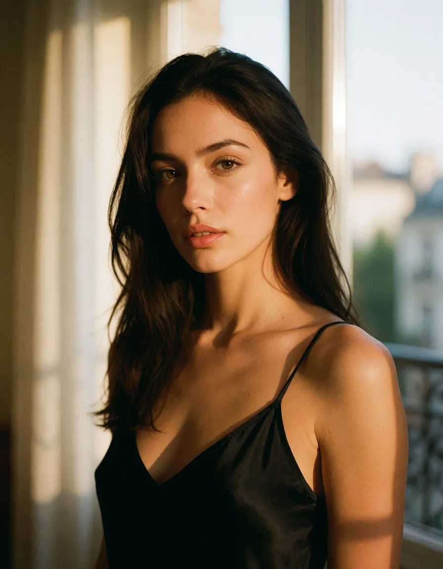 a photograph, a woman with long dark hair in a black silk slip, soft window light, shot on film, warm golden afternoon daylight, soft natural shadows, warm amber tones, gentle contrast, fine film grain, smooth clear skin, strikingly beautiful, radiant complexion, early twenties