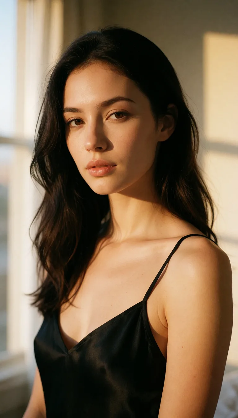 a photograph, a woman with long dark hair in a black silk slip, soft window light, shot on film, warm golden afternoon daylight, soft natural shadows, warm amber tones, gentle contrast, fine film grain, smooth clear skin, strikingly beautiful, radiant complexion, early twenties