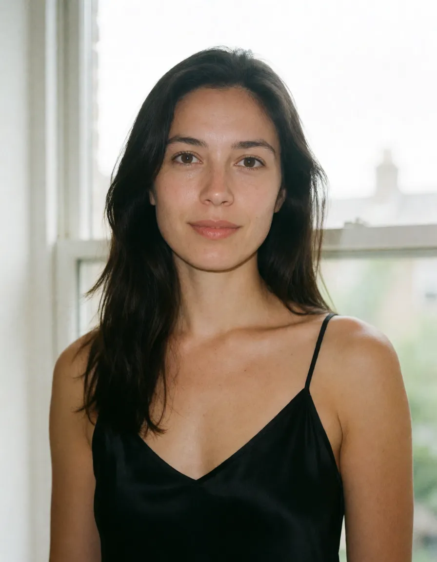 an amateur snapshot, a woman with long dark hair in a black silk slip, soft window light, shot on film, plenty of natural daylight, flat even light, casual unposed snapshot, natural everyday colour, mild noise, natural unretouched skin, strikingly beautiful, radiant complexion, early twenties