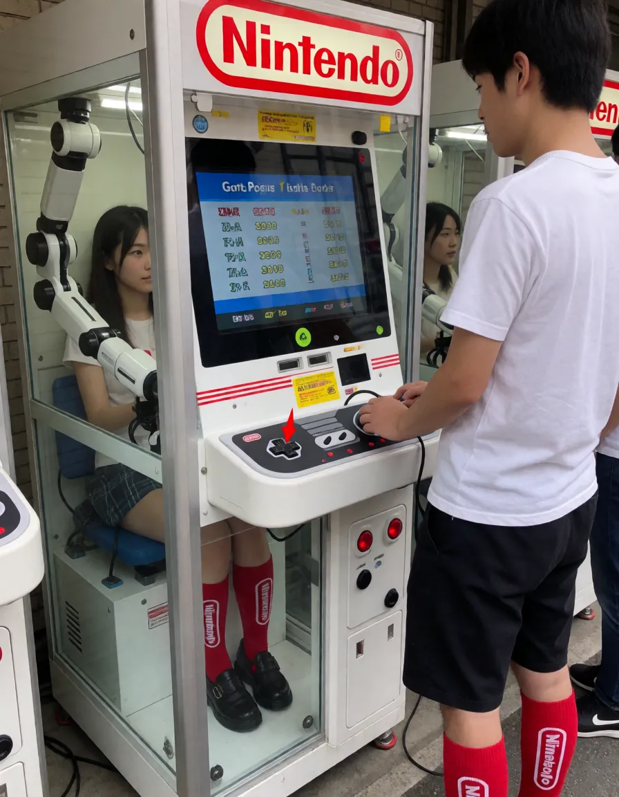 an amateur snapshot, A skinny naked japanese woman locked inside a tight transparent glass Nintendo-style arcade cabinet, metal nipple rings connected to black wires, barely enough space to move. Her legs are up and forced wide apart by machine arms, and her arms are pinned by heavy futuristic metal slave cuffs; legs locked in machine arms, a high-tech slave collar is locked around her neck. Multiple robotic arms with different dildo attachments putting movable mechanic dildos in her butt and in her pussy inside the glass box. Double penetration, Glas full of saliva, ground in cabinet in robotic arms and engines, her mouth is filled with moving dildo on a machine arm, A game controller is mounted on the front of the machine and a large monitor above shows video-game high scores and records for: "Orgasm Points" ... 
she has a Nintendo logo pubic tattoo. Shaved pussy, wet water pussy, sweaty body, squirting, big tall gamer standing in front of machine playing the controller looking at her, moving vibrator in her pussy, flashing colored lights, she wears red Nintendo knee socks, sucking dildo, plenty of natural daylight, flat even light, casual unposed snapshot, natural everyday colour, mild noise, natural unretouched skin, strikingly beautiful, radiant complexion, early twenties