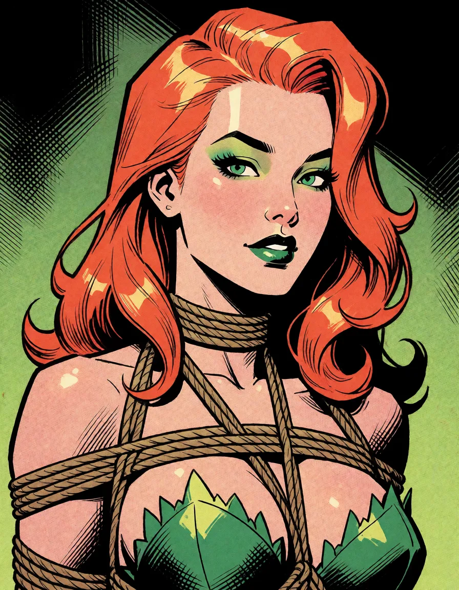 comic book art, Poison Ivy, shibari, bold black ink outlines, halftone dot shading, cross hatched shadows, flat four colour print palette, hard high contrast comic inking, printed comic page, strikingly beautiful, radiant complexion, early twenties