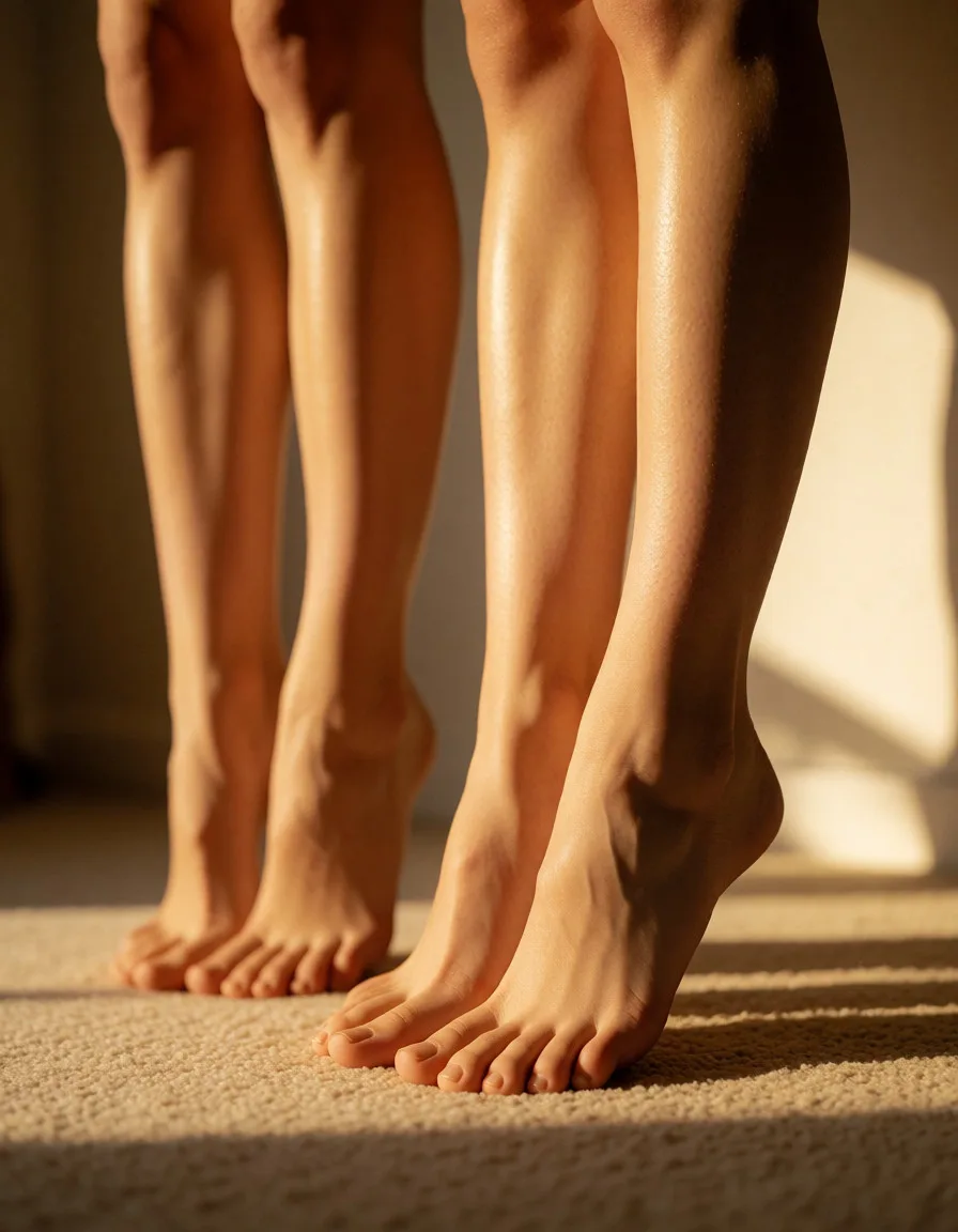 a photograph, Women bending their toes down, warm golden afternoon daylight, soft natural shadows, warm amber tones, gentle contrast, fine film grain, smooth clear skin, strikingly beautiful, radiant complexion, early twenties