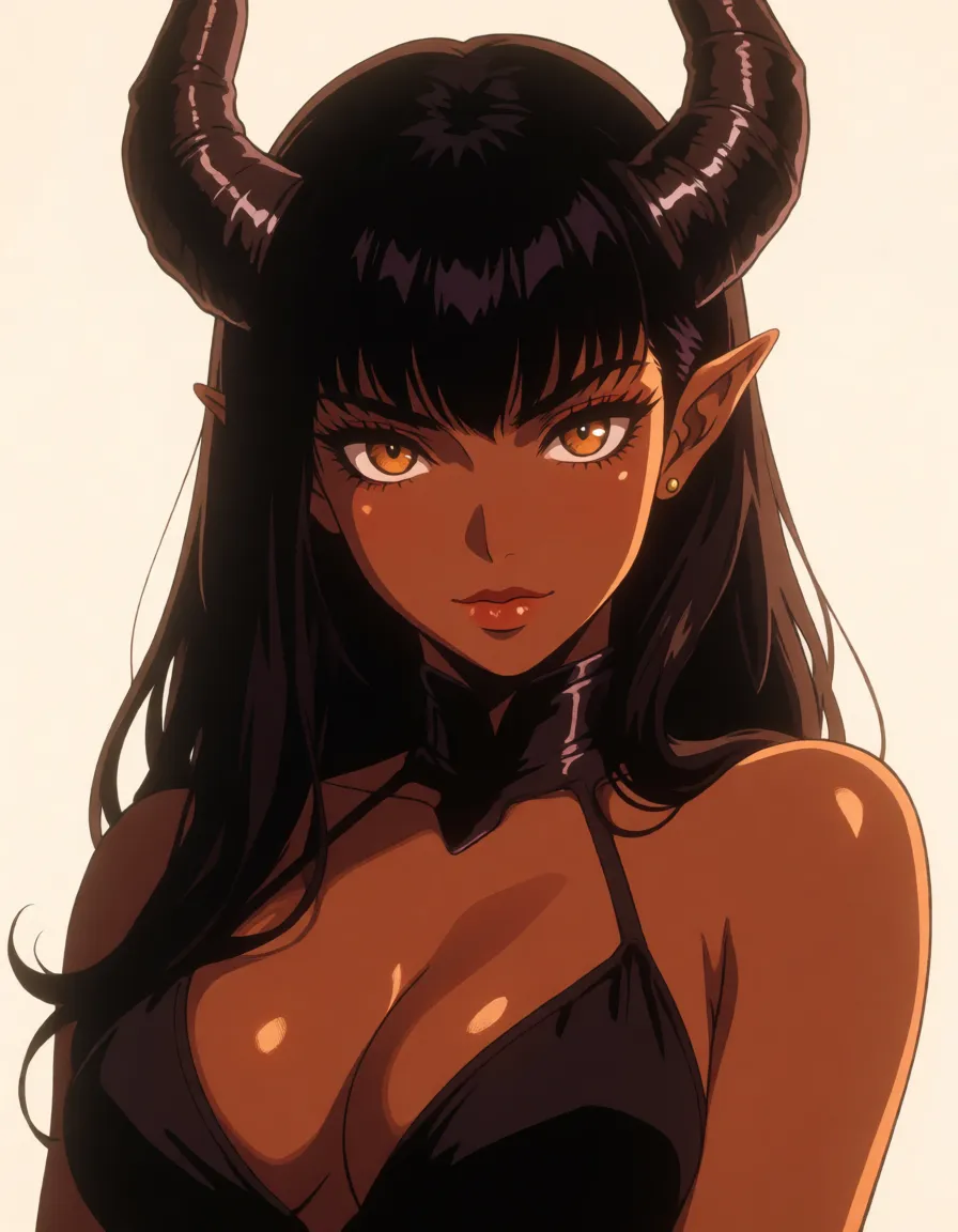hentai anime art, sharp focus, 8k uhd, medium shot, demon woman, creampie, dark-skinned female, mysterious vibe, studio photo, clean lineart, smooth cel shading, glossy highlights, saturated warm colour, drawn illustration, strikingly beautiful, radiant complexion, early twenties