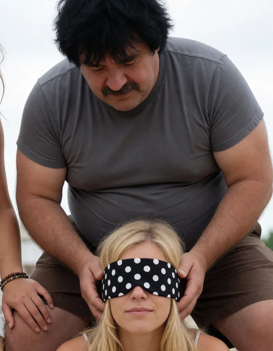 an amateur snapshot, A heavyset middle-aged man with thick black messy hair, a mustache, and a large round belly, his muscular hairy arms and hands firmly gripping the head and hair of a blonde woman below him. He wears a tight gray short-sleeve t-shirt stretched across his broad chest and stomach, and brown shorts. His face is contorted with an intense grimace, mouth wide open showing teeth. The blonde woman is positioned lower in front of him, her body arched back, completely topless with very large heavy breasts hanging forward, each nipple pierced with a thick silver ring. She wears a black blindfold covered in white polka dots tightly over her eyes and a large red ball gag strapped into her open mouth with black straps around her head. Her blonde hair falls around her shoulders. A partial arm and hand with a beaded bracelet is visible on the left side near her, belonging to another person. The man’s hands press down on her head while he leans over her., plenty of natural daylight, flat even light, casual unposed snapshot, natural everyday colour, mild noise, natural unretouched skin, strikingly beautiful, radiant complexion, early twenties