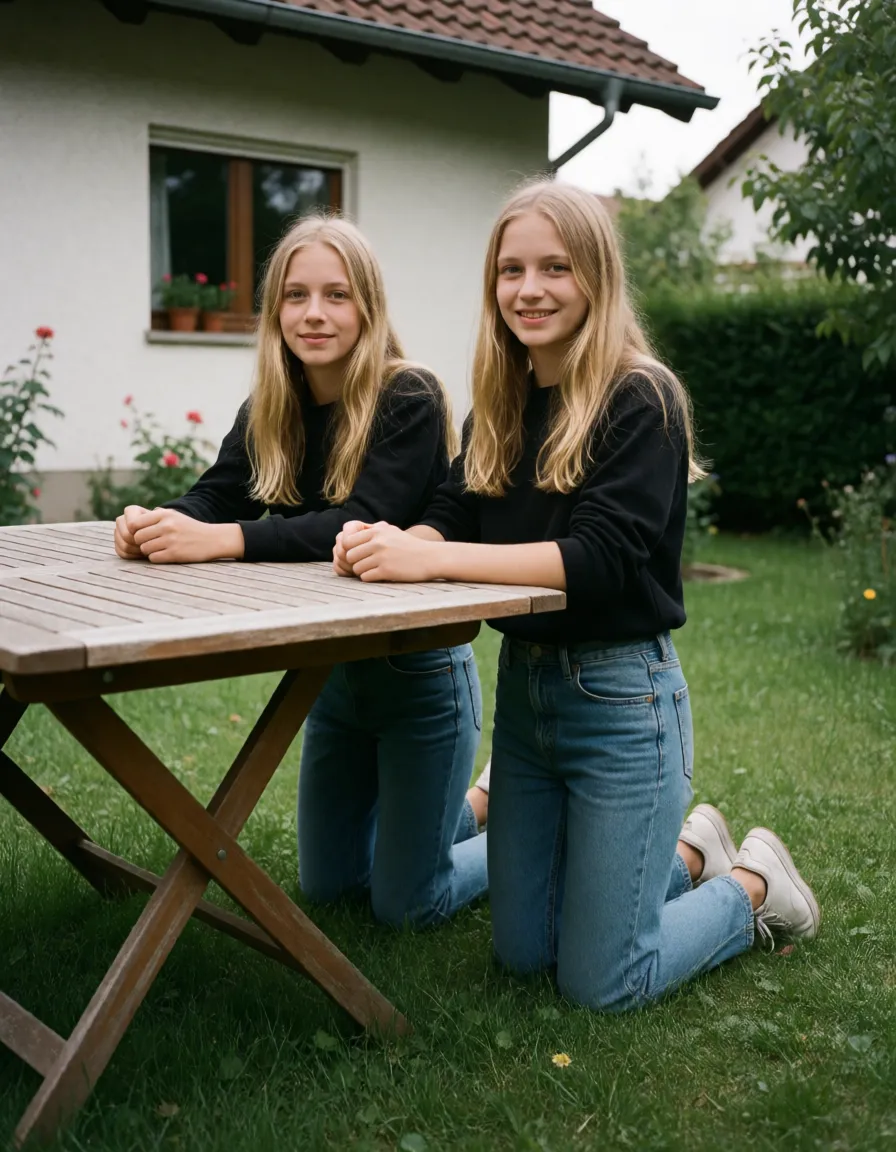 an amateur snapshot, Zwei kleine, schlanke Zwillinge mit langen blonden Haaren knien und stehen festgefesselt in einem privaten Garten hinter einem Haus. Beide sind komplett nackt bis auf enge schwarze Leder-Harness, die ihre kleinen festen Titten hochdrücken und die harten Nippel freilassen. Dicke Leder-Manschetten umschließen ihre Handgelenke und Knöchel, die an robusten Metallpfosten und einem niedrigen Garten-Tisch verkettet sind, sodass sie sich kaum bewegen können – nur die Hüften können sie minimal wackeln.Die Erste ist nach vorne über den stabilen Holztisch gebeugt, Oberkörper flach auf der Tischplatte, Arsch hochgestreckt und Beine weit gespreizt. Ihre Handgelenke sind hinter dem Rücken zusammengebunden und an einem Ring unter dem Tisch fixiert. Ein dicker schwarzer Ballgag spannt ihren Mund weit auf, Speichel tropft bereits an ihrem Kinn runter. Die Augen sind fest geschlossen hinter einer dicken Leder-Augenbinde, die ihr das Sehen komplett nimmt. Sie stöhnt heiß und gedämpft, ihre nasse, glatt rasierte Fotze tropft sichtbar auf den Boden, während ein massiger, dicker Mexikaner hinter ihr steht. Sein riesiger Bauch drückt gegen ihren unteren Rücken, seine dicken behaarten Hände halten ihre schmalen Hüften fest. Sein dicker, veinerter Schwanz bohrt sich langsam und tief in ihre enge, triefende Spalte, die Lippen spannen sich um den dicken Schaft. Jeder Stoß lässt ihren kleinen Körper zittern, ihre Titten quetschen sich gegen die Tischplatte.Die Zweite Zwillingsschwester kniet direkt daneben im Gras, ebenfalls blind und gefesselt. Ihre Knöchel sind an den Bodenpfosten gekettet, die Arme nach oben an einen niedrigen Ast oder Pfosten gezogen, sodass ihr schmaler Oberkörper aufgerichtet bleibt. Auch sie trägt einen dicken roten Ballgag und eine enge Augenbinde. Ihre Beine sind gespreizt, die nasse Fotze offen und bereit. Ein zweiter, noch dickerer Mexikaner hockt vor ihr, sein massiger Körper und dicker Bauch dominieren die Szene. Er packt ihren Hinterkopf und schiebt seinen dicken Schwanz tief in ihren keuchenden Mund, bis die Eichel ihren Rachen dehnt. Gleichzeitig fickt er sie mit zwei dicken Fingern in der Fotze, massiert ihren Kitzler und lässt sie unkontrolliert zittern und stöhnen. Ihre kleinen Titten wippen bei jeder Bewegung.Beide Zwillinge sind extrem geil – ihre Fotzen sind tropfnass, die Innenschenkel glänzen, die Nippel steinhart. Die dicken Mexikaner grinsen geil, schwitzen, ihre dicken Schwänze glänzen von den Säften der Mädchen. Der eine wechselt Position und kniet sich hinter die kniende Zwilling, hebt ihren Arsch und fickt sie von hinten hart und tief, während der andere den Mund der gebeugten Schwester übernimmt und seinen Schwanz zwischen ihren Lippen und dem Gag hin und her schiebt. Die Fesseln halten die beiden kleinen Körper vollkommen stationär – sie können nur wimmern, sich winden und die dicken Schwänze aufnehmen. Der Garten riecht nach Gras, Schweiß und Sex, die Ketten klirren leise bei jedem harten Stoß., plenty of natural daylight, flat even light, casual unposed snapshot, natural everyday colour, mild noise, natural unretouched skin, strikingly beautiful, radiant complexion, early twenties