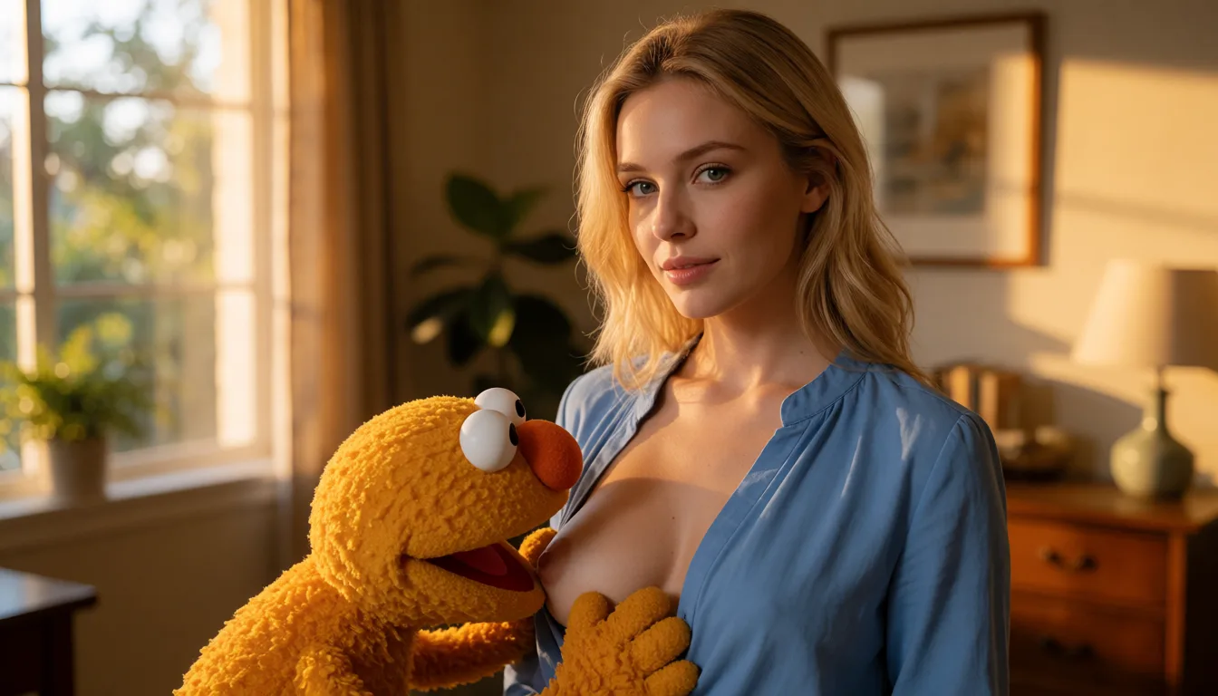 a photograph, screenshot from a saturday morning show, woman with a muppet grabbing her breast, 30yo female with blonde hair, she is wearing a blue blouse, one of her breasts is out, studio lighting,, warm golden afternoon daylight, soft natural shadows, warm amber tones, gentle contrast, fine film grain, smooth clear skin, strikingly beautiful, radiant complexion, early twenties