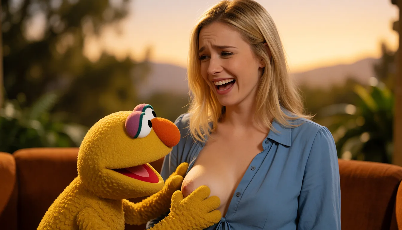 a photograph, screenshot from a saturday morning show, woman with a muppet grabbing her breast, 30yo female with blonde hair, she is wearing a blue blouse, one of her breasts is out, studio lighting, she is awkwardly laughing, embarrassed laughter, on the studio set of muppets show,, warm golden afternoon daylight, soft natural shadows, warm amber tones, gentle contrast, fine film grain, smooth clear skin, strikingly beautiful, radiant complexion, early twenties